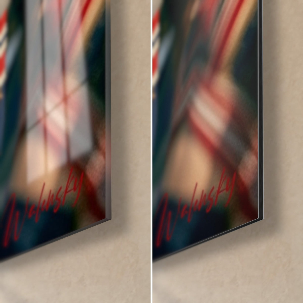 Tableau cheerleader en uniforme étoilé, coin bas droit : verre acrylique brillant reflétant le décor, alu Dibond mat, tranche de 3 mm
