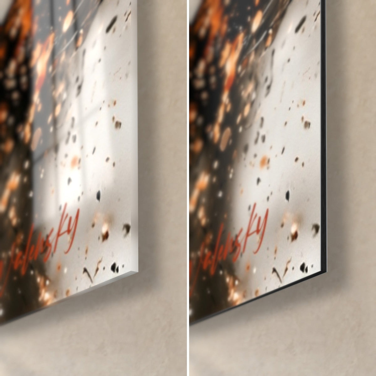 Tableau meneuse de claque blonde, coin bas droit : éclats orange et noirs sur verre brillant et Dibond mat, tranche de 3 mm