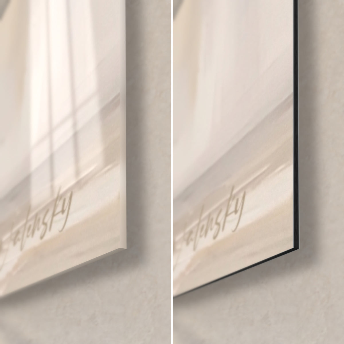 Wall art of cheerleaders with gold pom-poms, bottom right corner: glossy acrylic glass on the left, matte black Dibond aluminium on the right, 3 mm edge