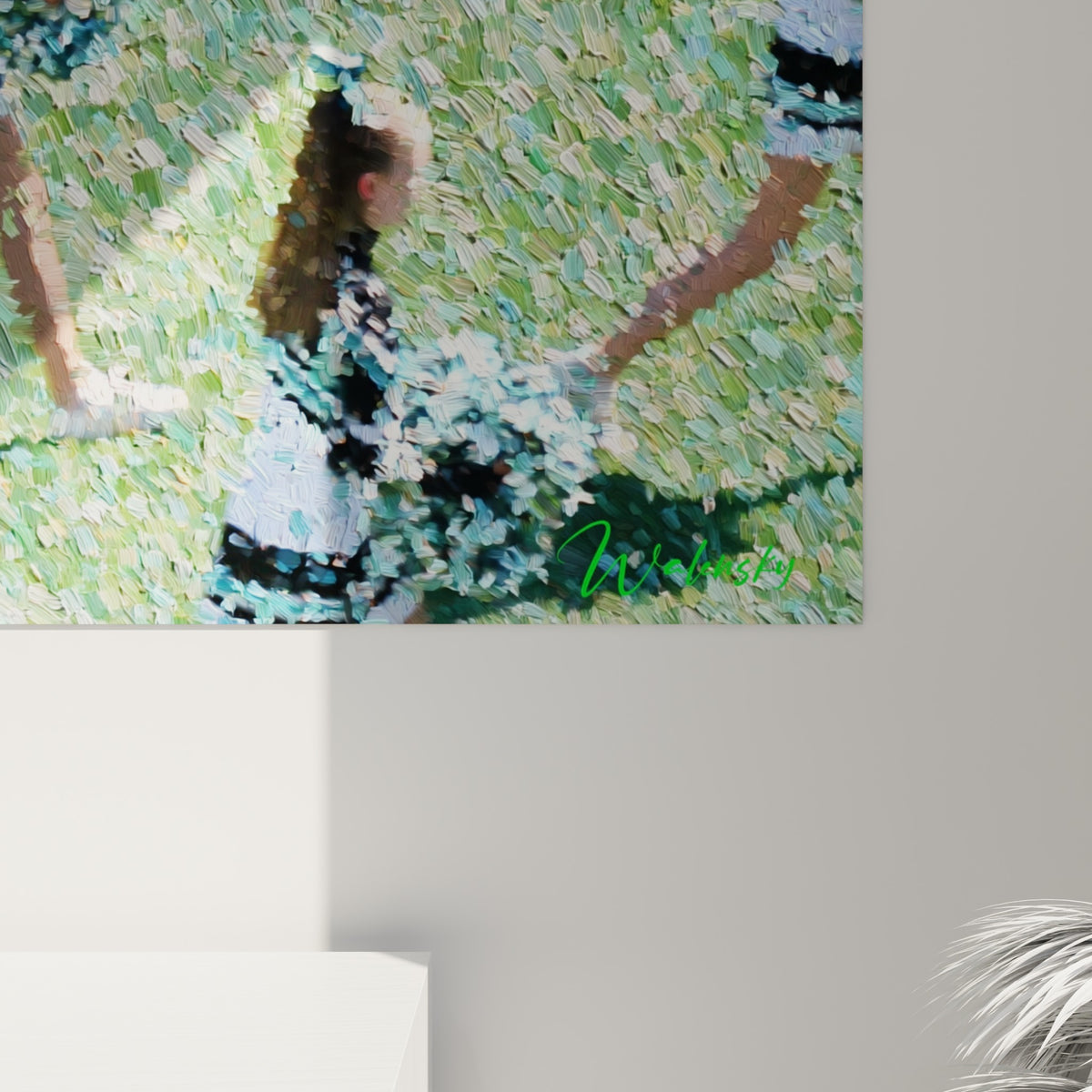 Empâtements colorés verts et blancs révélant la matière picturale de ce tableau cheerleader