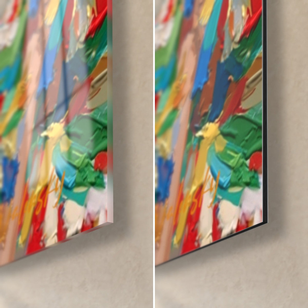Wall art of a cheerleader in thick impasto, green and yellow pom-poms, bottom right corner in glossy glass and matte Dibond