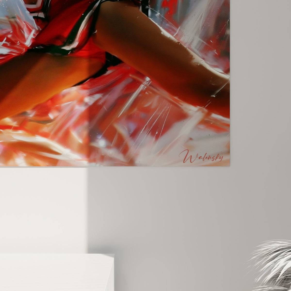 Empâtements rouges et blancs mêlés, coulures de peinture épaisse sur la toile du tableau cheerleader