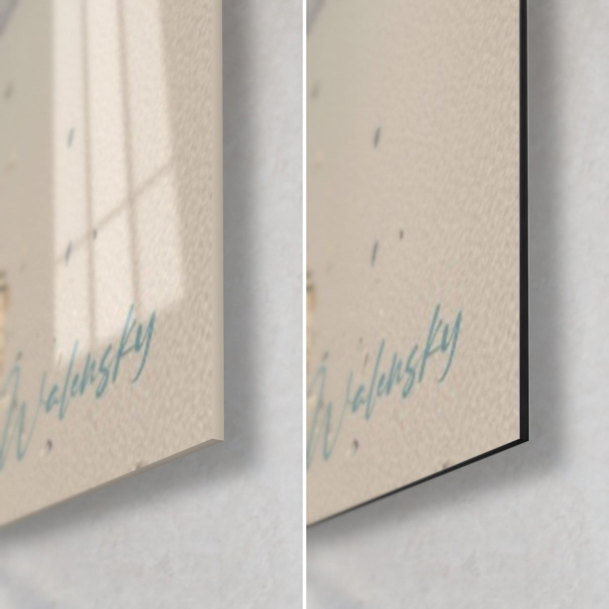 Wall art of a cheerleader in blue and gold, bottom right corner: glossy glass on the left, matte beige Dibond on the right, 3 mm edge