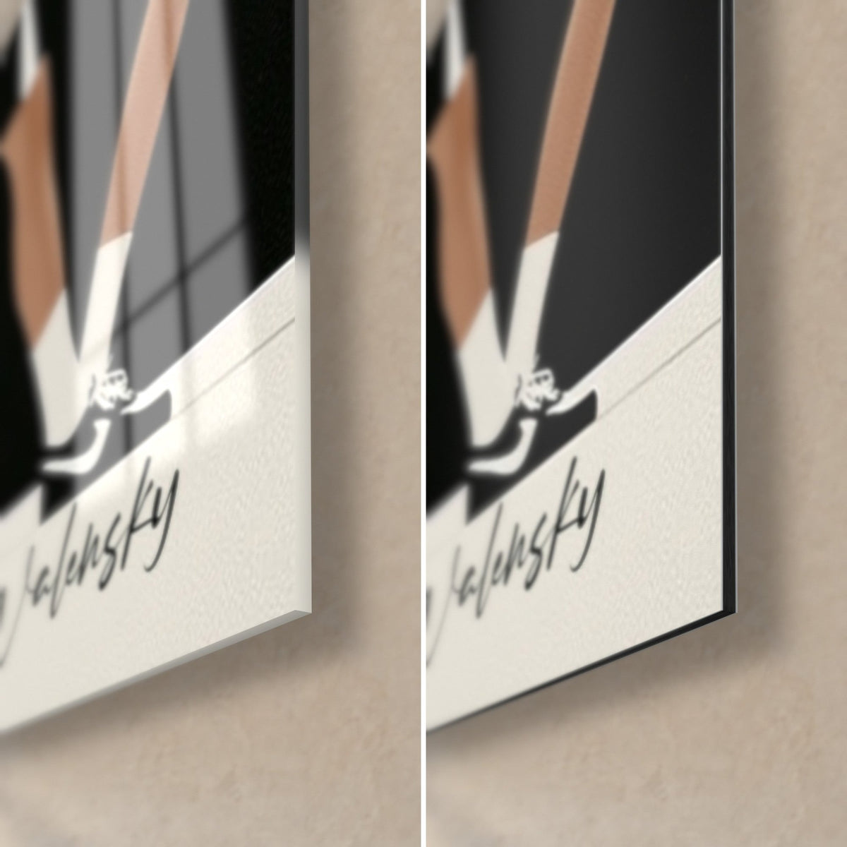 Wall art revue dancer in a pleated skirt, bottom right corner: glossy glass on the left, matte Dibond on the right, Walensky signature