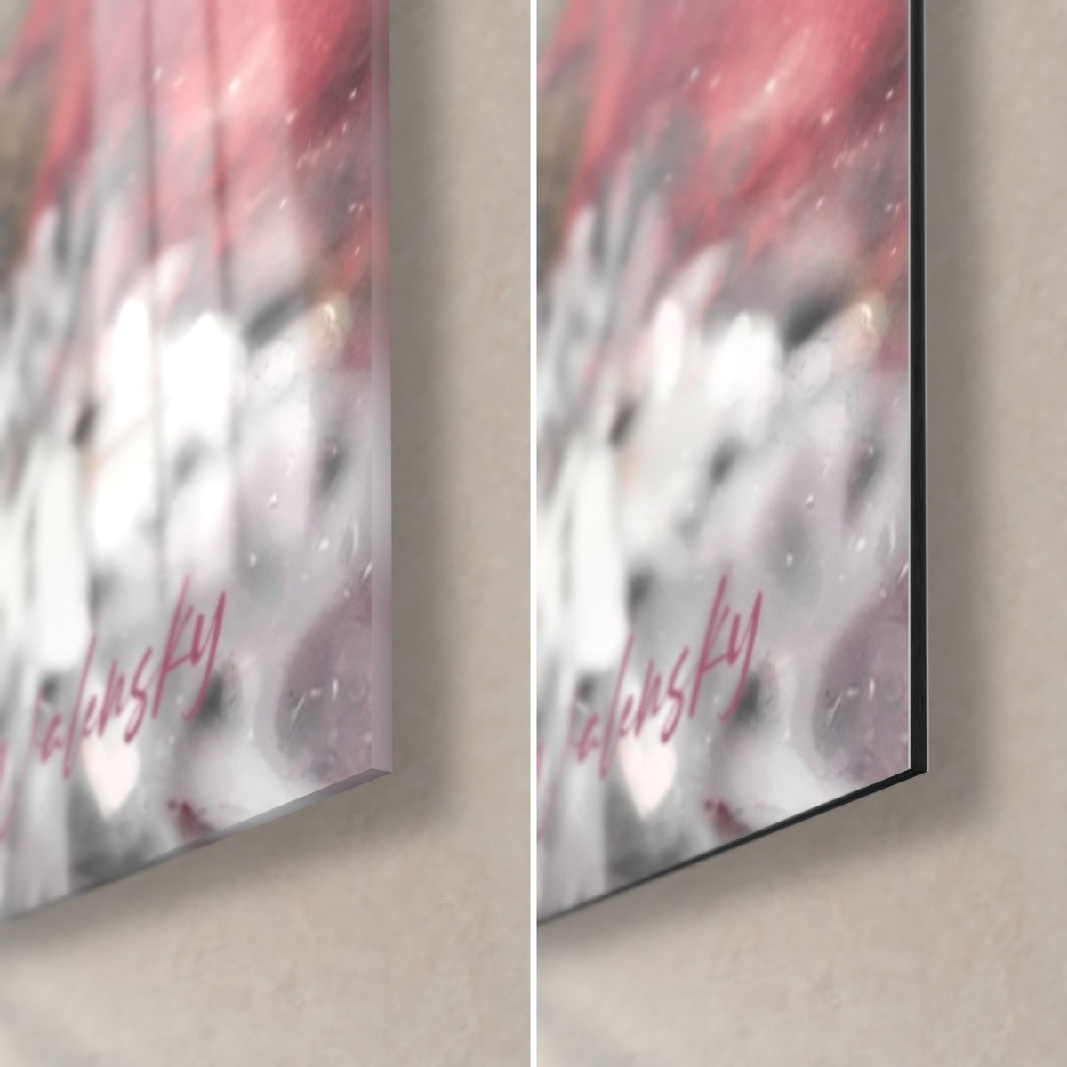 Wall art of a cheerleader with light streaks, bottom right corner: glossy acrylic glass on the left, matte black Dibond aluminium on the right, 3 mm edge