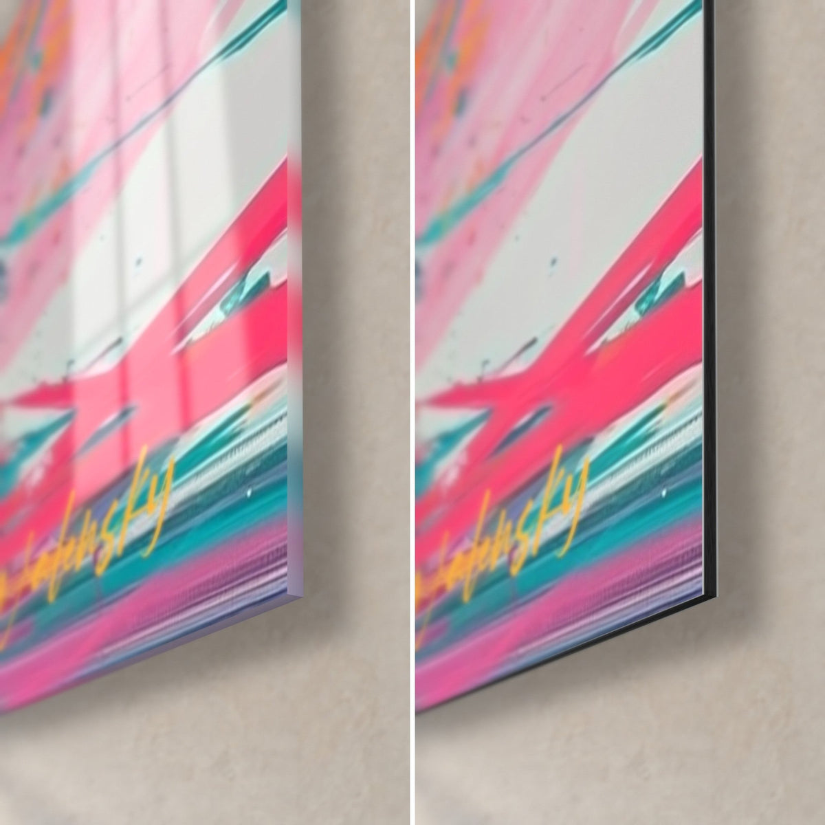 Wall art of a pom-pom girl in a pink skirt, bottom right corner: pink and turquoise strokes, 3 mm black edge, glossy acrylic glass and matte Dibond