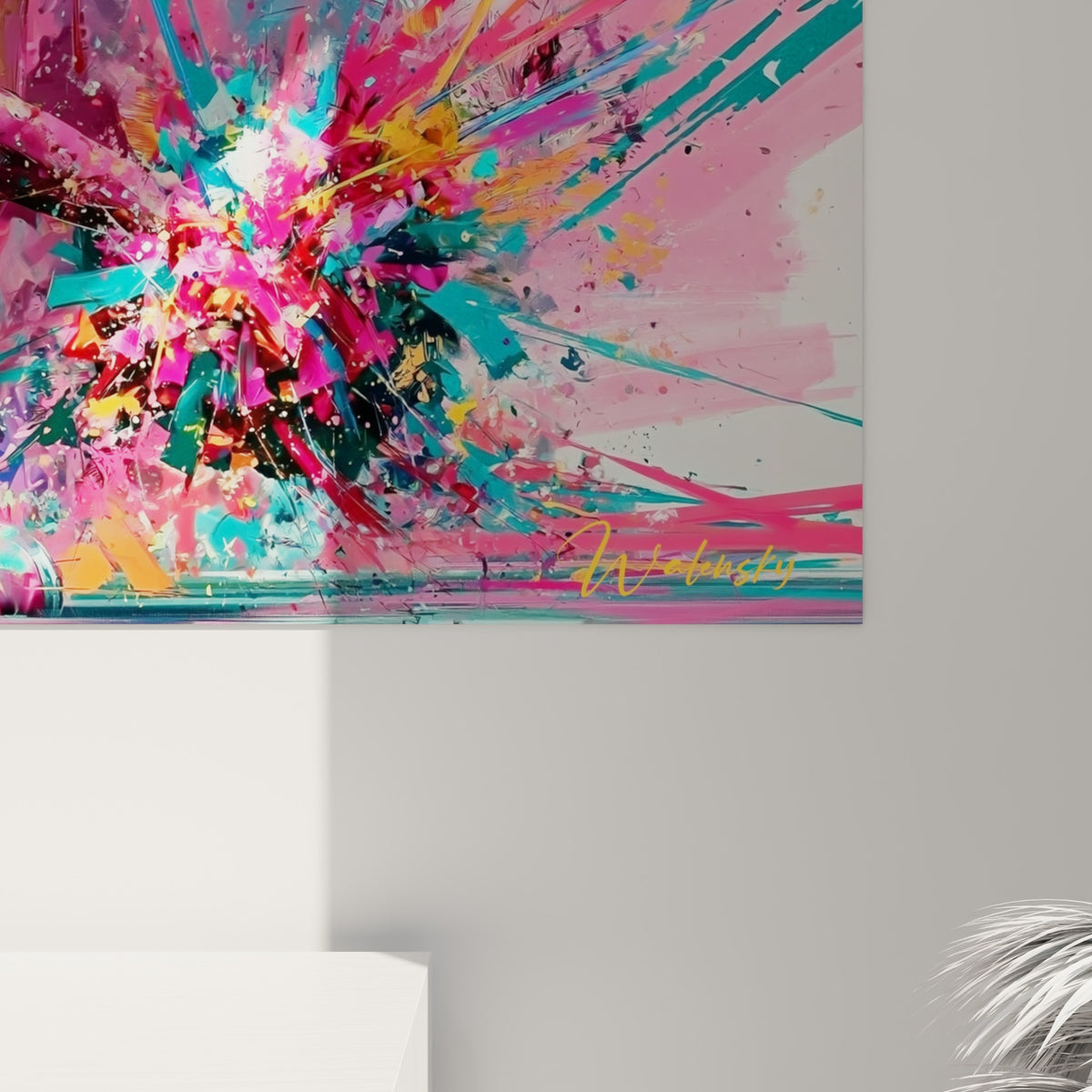 Éclaboussures de peinture rose, turquoise et orangée visibles en détail sur la toile du tableau cheerleader