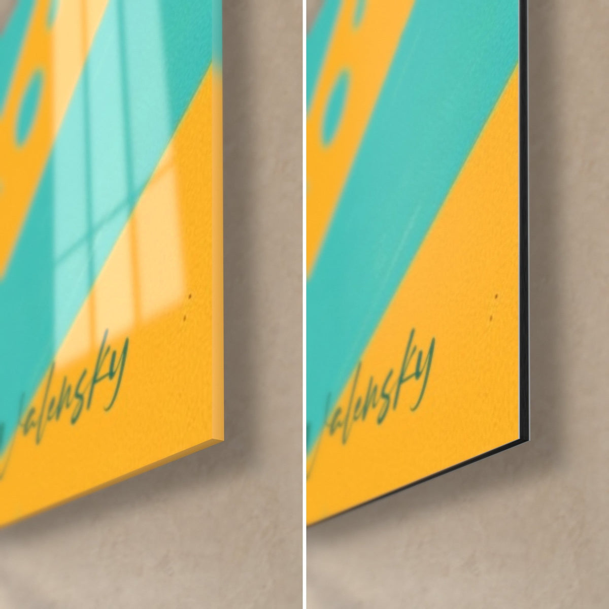 Wall art of a cheerleader with turquoise and yellow rays, bottom right corner: glossy acrylic glass reflecting light, matte black Dibond aluminum, 3 mm edge
