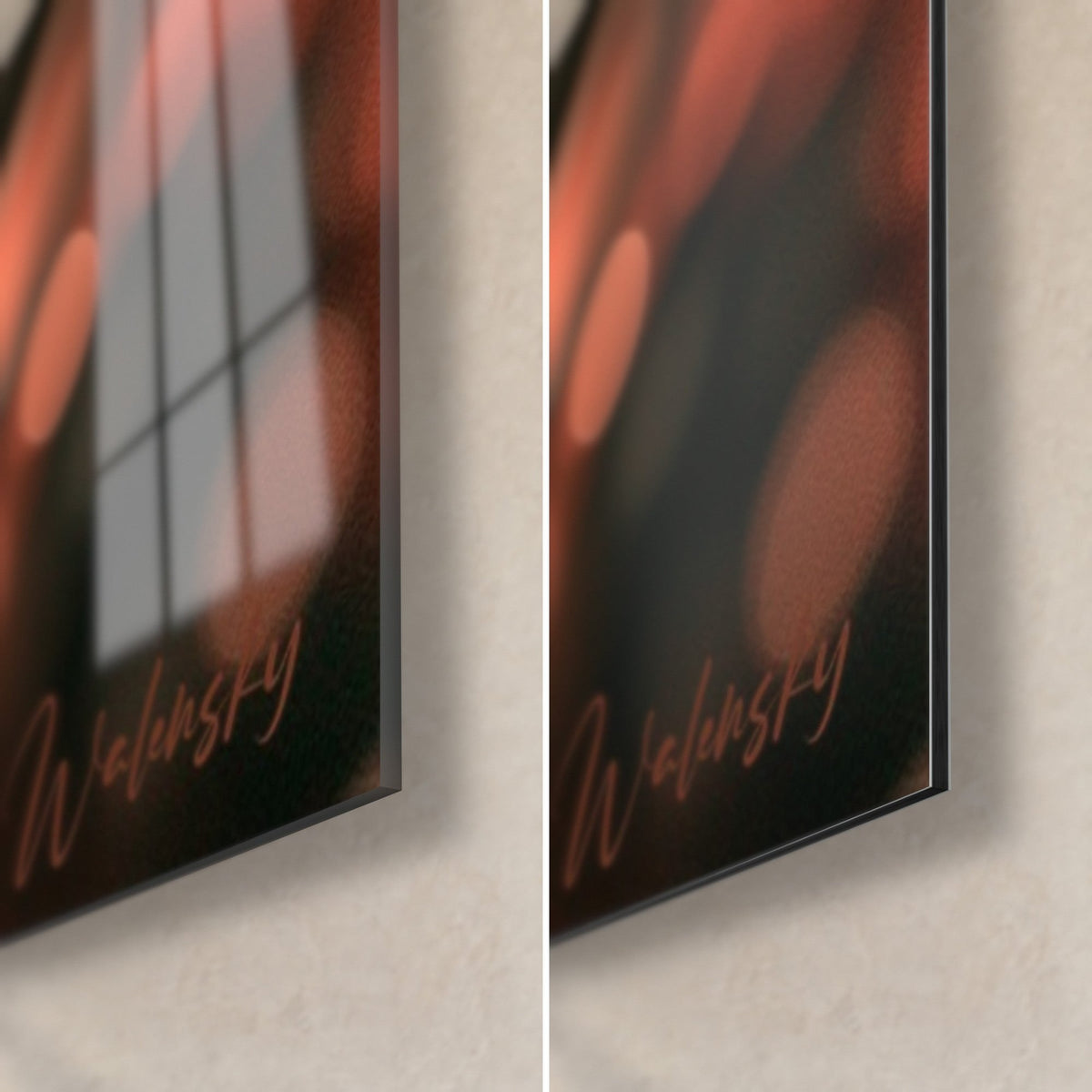 Wall art cheerleader with chestnut curls, bottom right corner: glossy acrylic glass with reflections on the left, matte black Dibond aluminium on the right