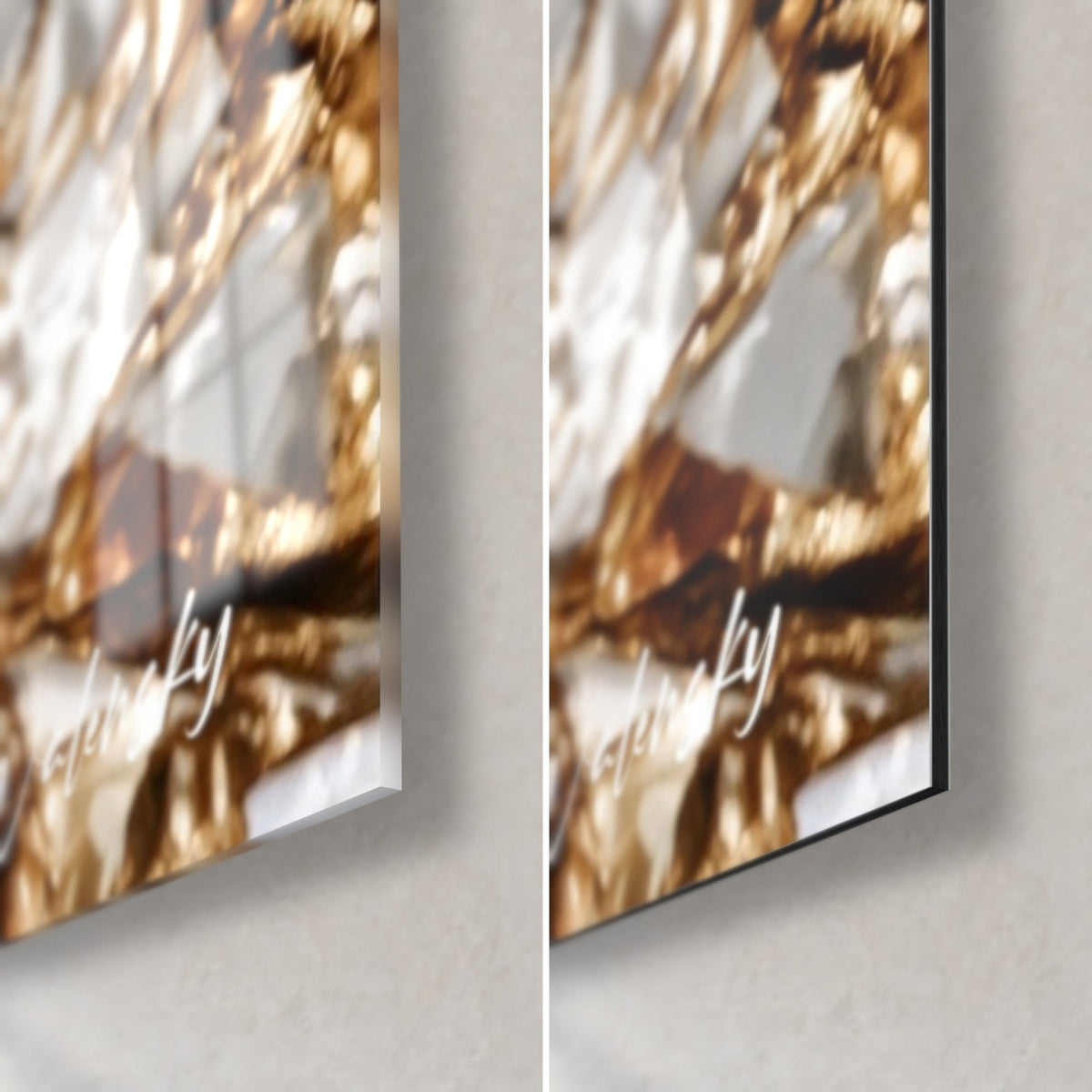 Wall art of a cheerleader with copper pom-poms, bottom right corner: glossy glass on the left, matte black Dibond on the right