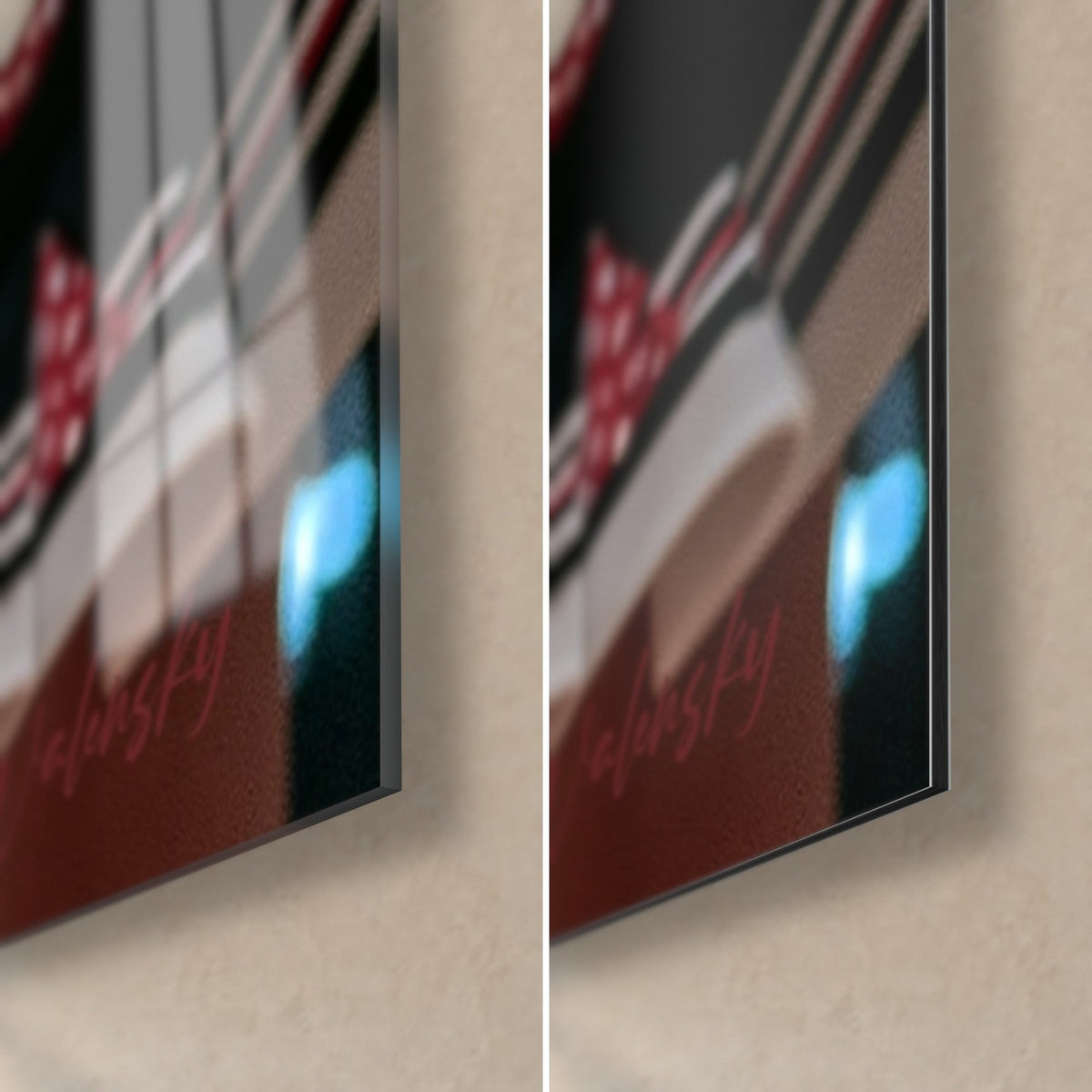 Quadro cheerleader in uniforme nera e rossa, manica con strass argentati, angolo inferiore destro in vetro lucido e Dibond opaco