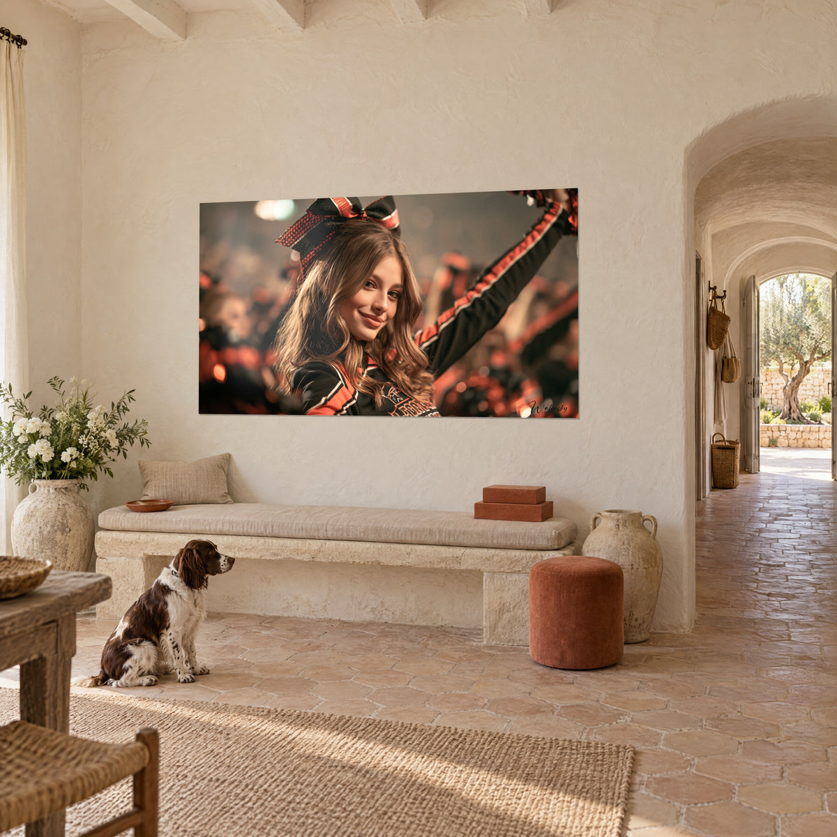 Wall art smiling cheerleader, arm raised, black outfit with orange trim, Provençal farmhouse with a spaniel sitting in front