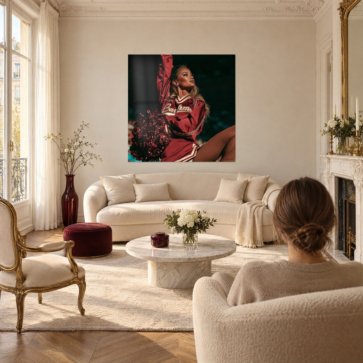Tableau pom-pom girl bras levé, jupe bordeaux liserée de crème et pompon rouge scintillant, au-dessus d'un canapé dans un salon lumineux