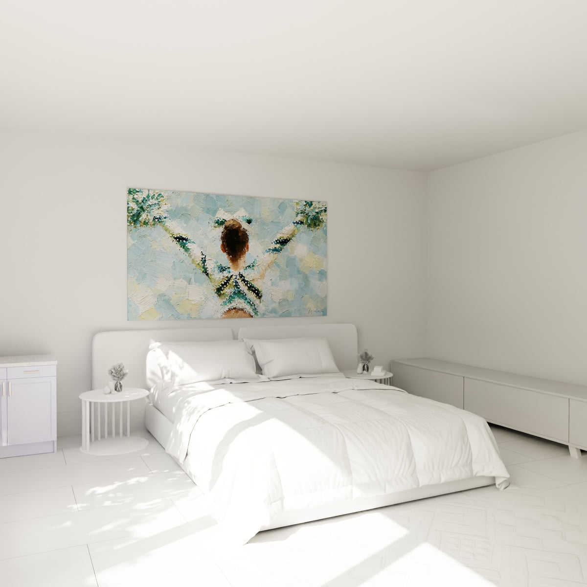 Cheerleader aux rayures bleu et or, bras en croix, au-dessus d'un lit dans une chambre claire