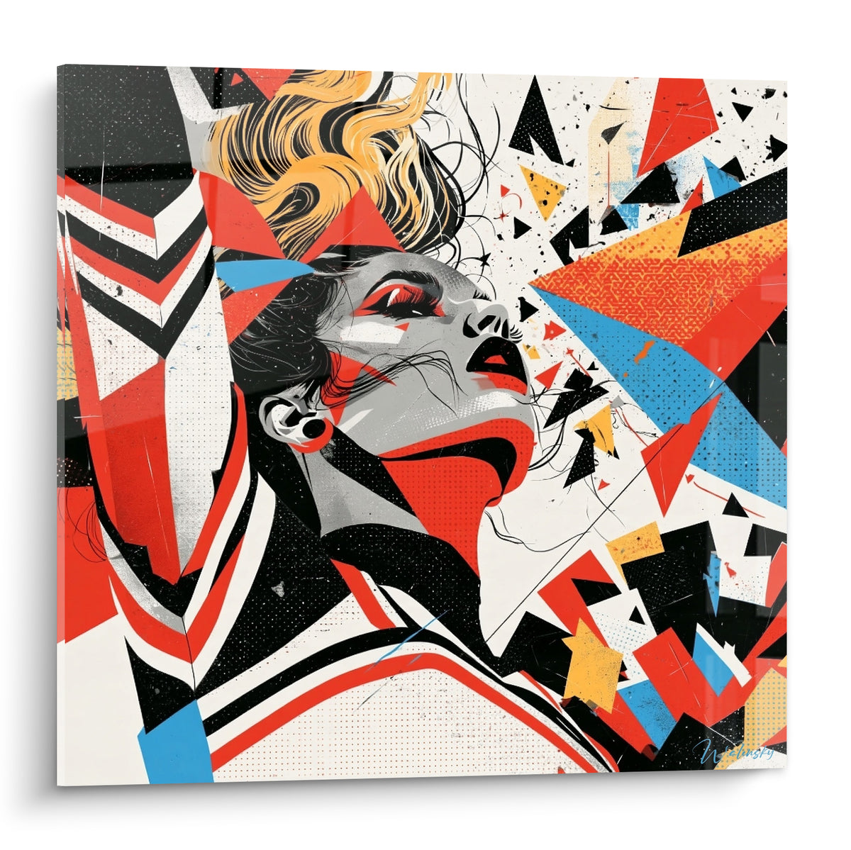 Cheerleader blonde au visage esquissé, entourée de triangles rouges et bleus éclatés