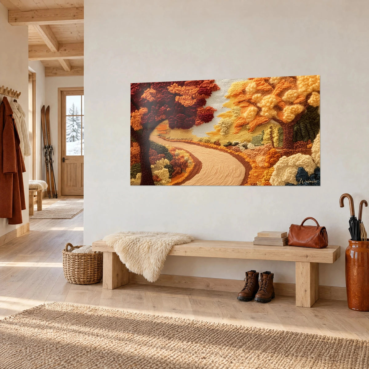 Tableau sentier beige serpentant entre des arbres ocre jaune et rouge sombre, mailles en relief, au-dessus d'un banc en bois de chalet