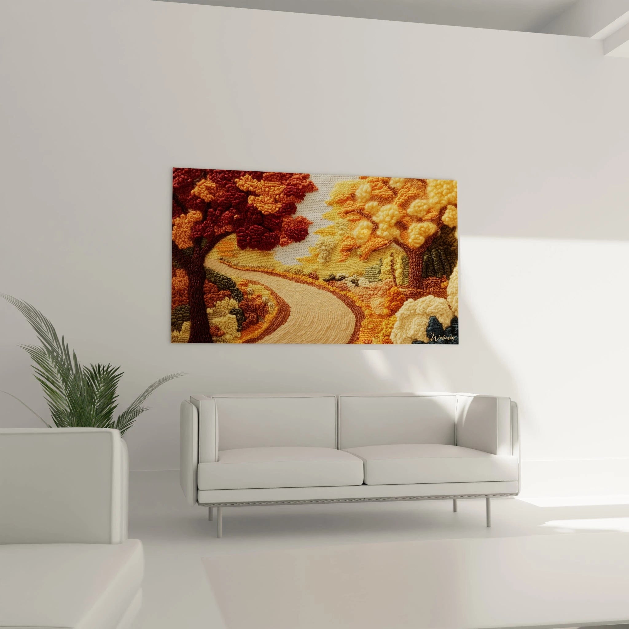 Un tableau textile paysage d'automne présentant un chemin beige bordé d'arbres rouges et de végétation orange cuivré, réalisé en technique de crochet relief où chaque zone possède sa propre texture tridimensionnelle distinctive.
