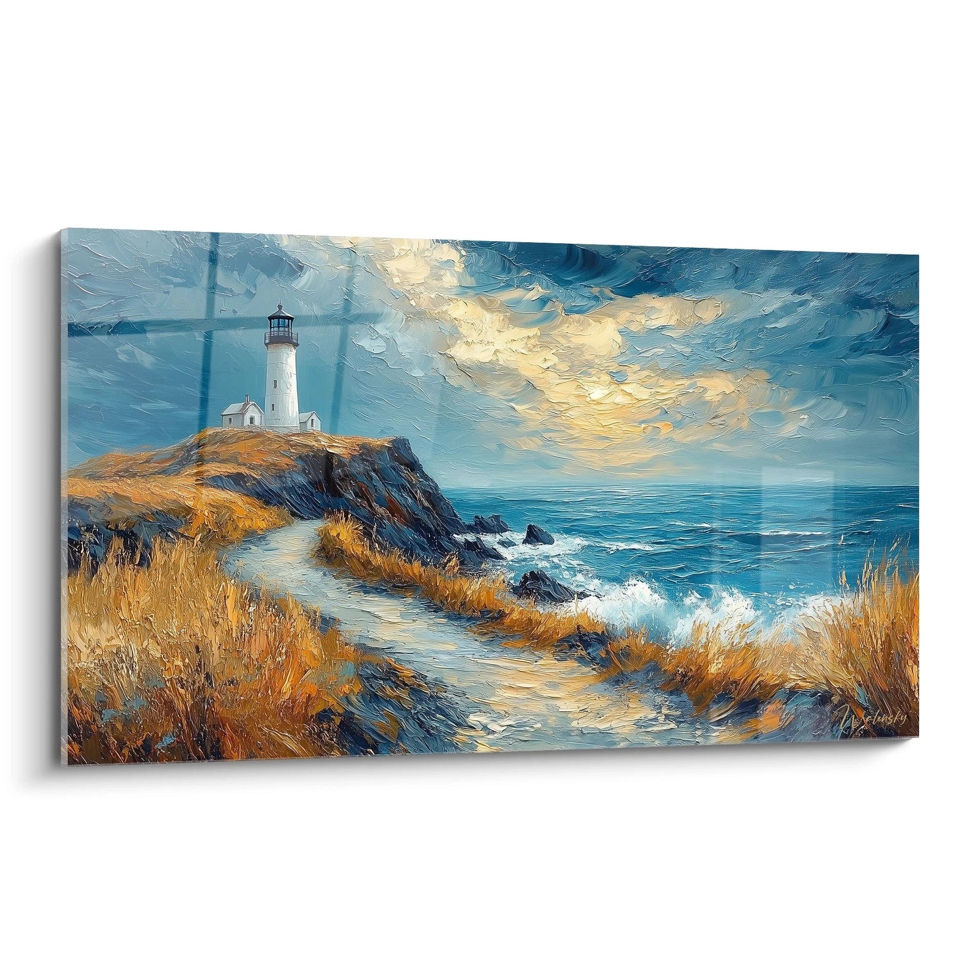 Tableau phare maritime représentant un phare blanc sur une falaise rocheuse, entouré d'herbes dorées ondulantes, avec un océan bleu agité et un ciel nuageux aux teintes dorées, rendu avec des coups de pinceau texturés et des empâtements visibles.
