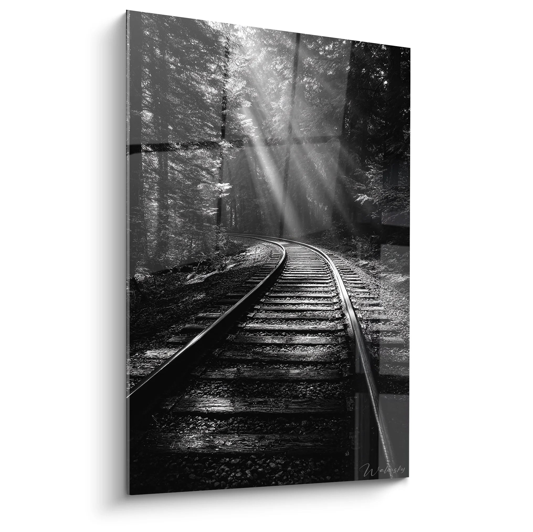 Tableau noir et blanc rails de chemin de fer dans forêt brumeuse avec rayons soleil perçant canopée
