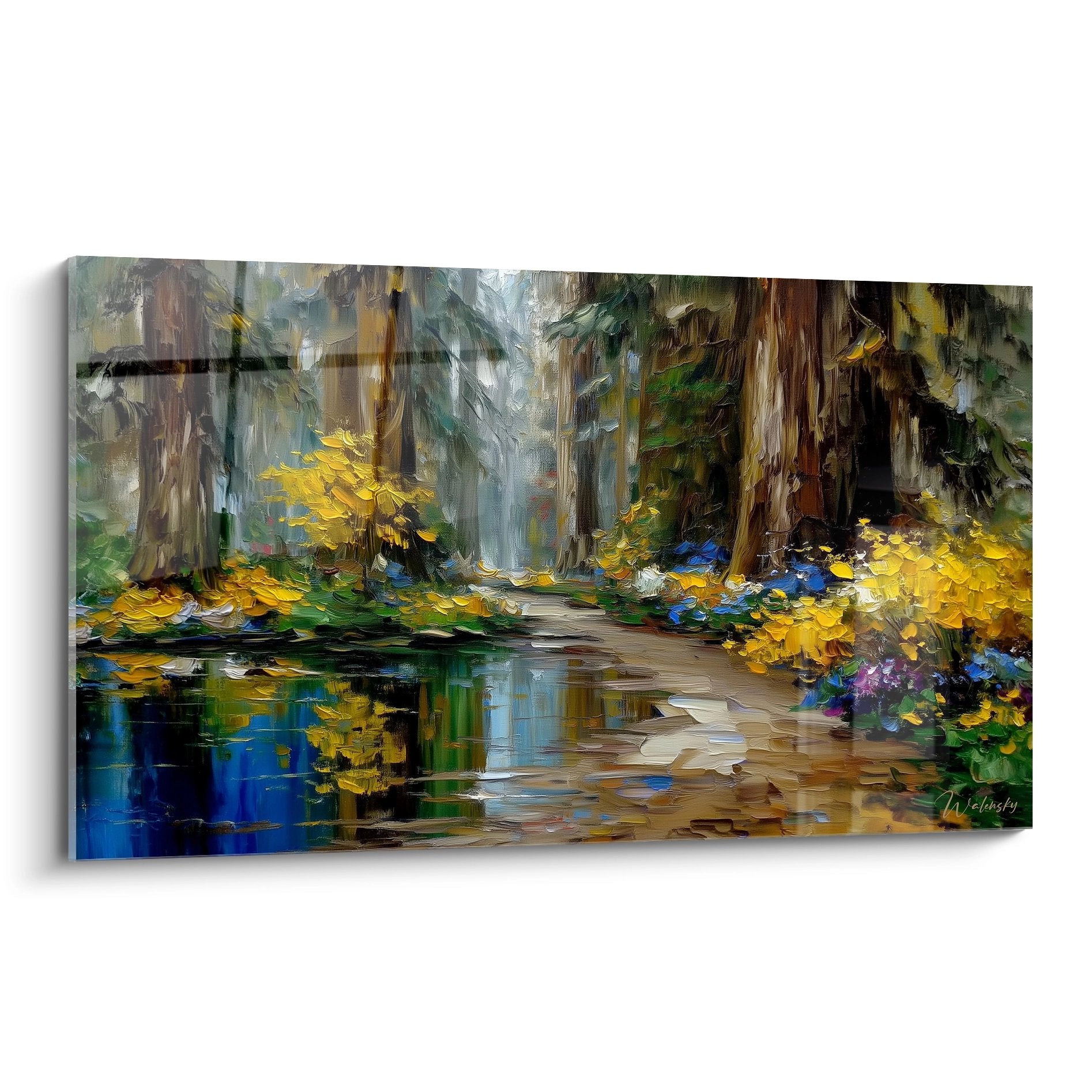 Tableau mural chemin forestier automnal avec reflets dorés et arbres majestueux pour décoration nature