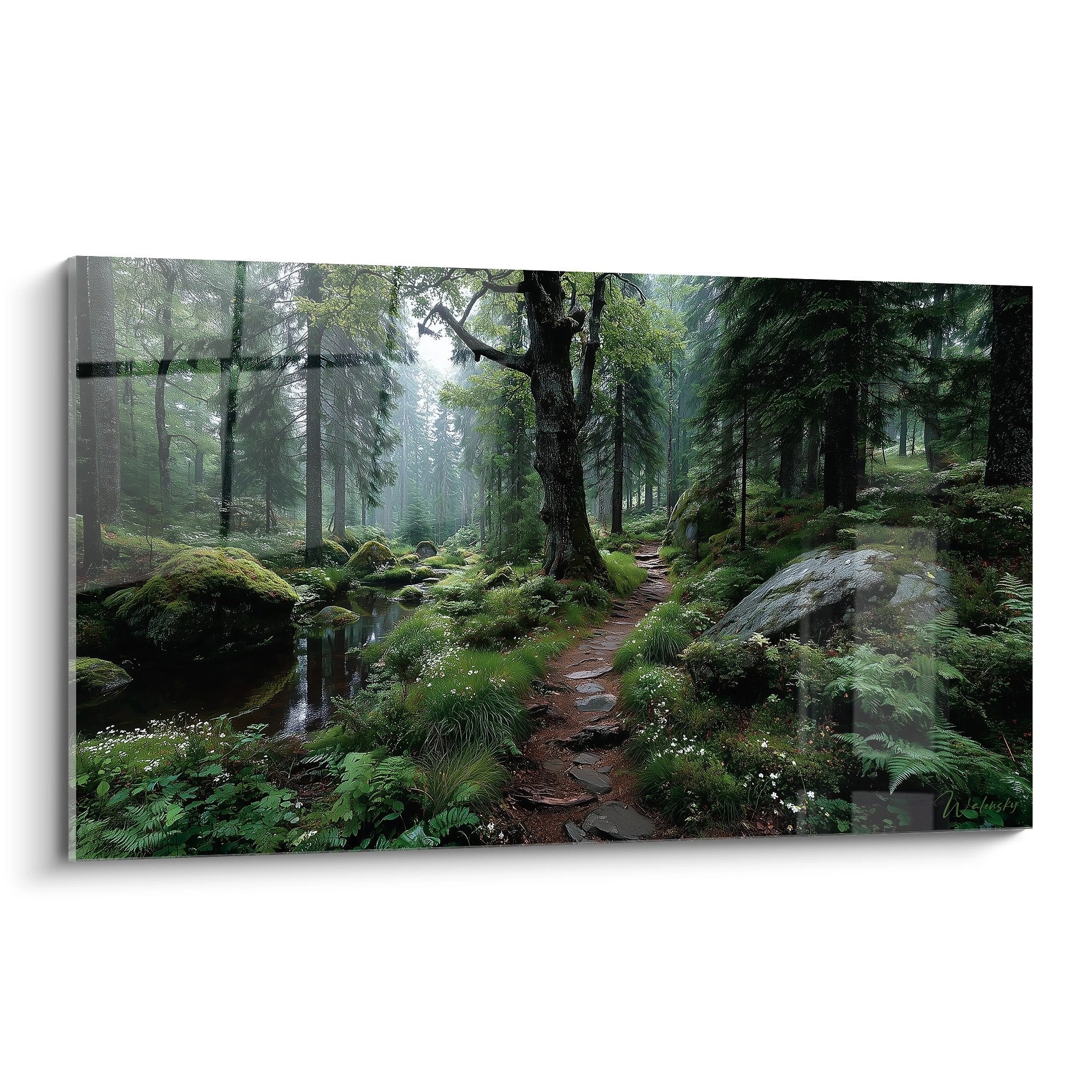 Tableau mural chemin forestier brumeux avec sentier serpentant entre arbres et rochers moussus
