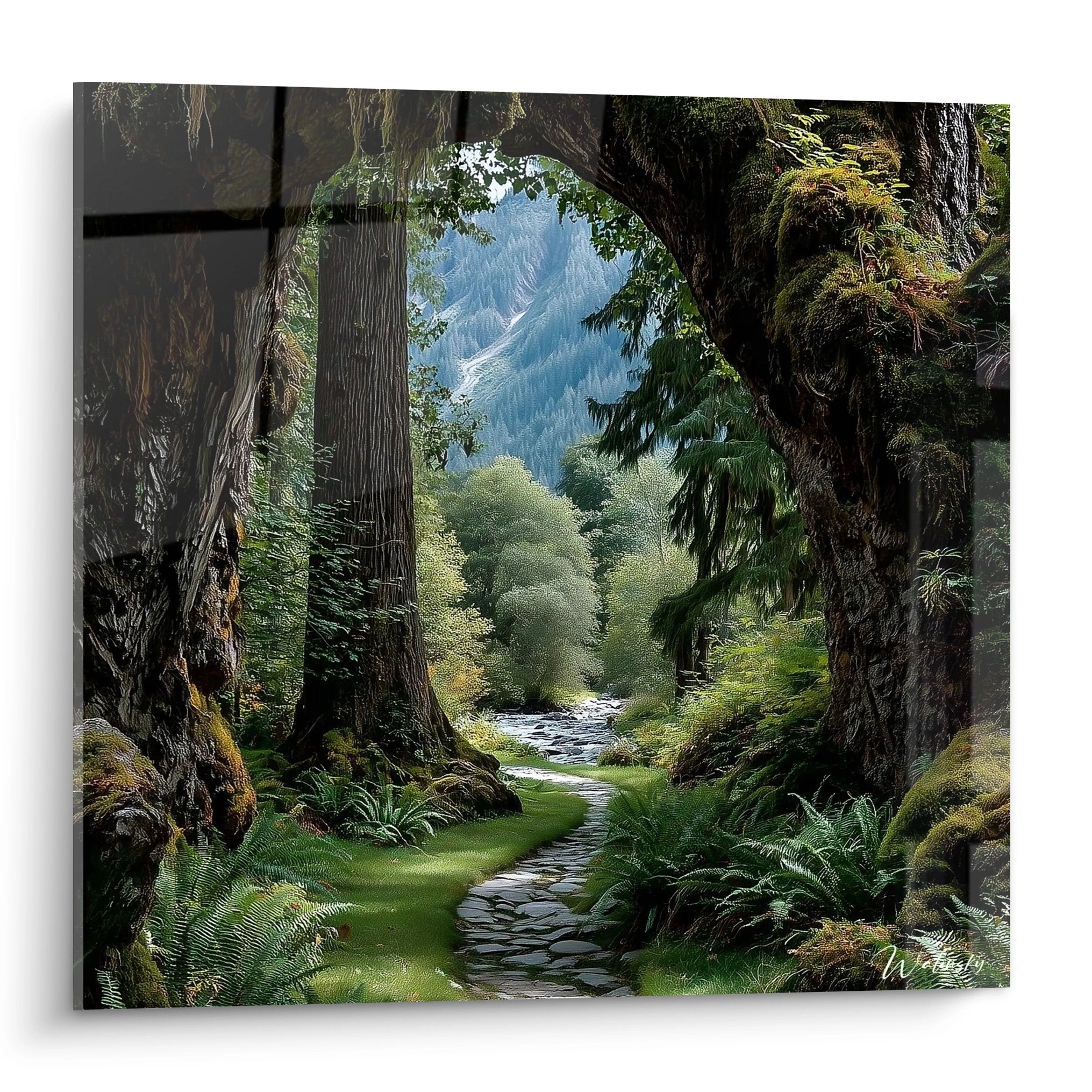 Tableau chemin forestier avec sentier de pierres entre arbres moussus et montagnes brumeuses