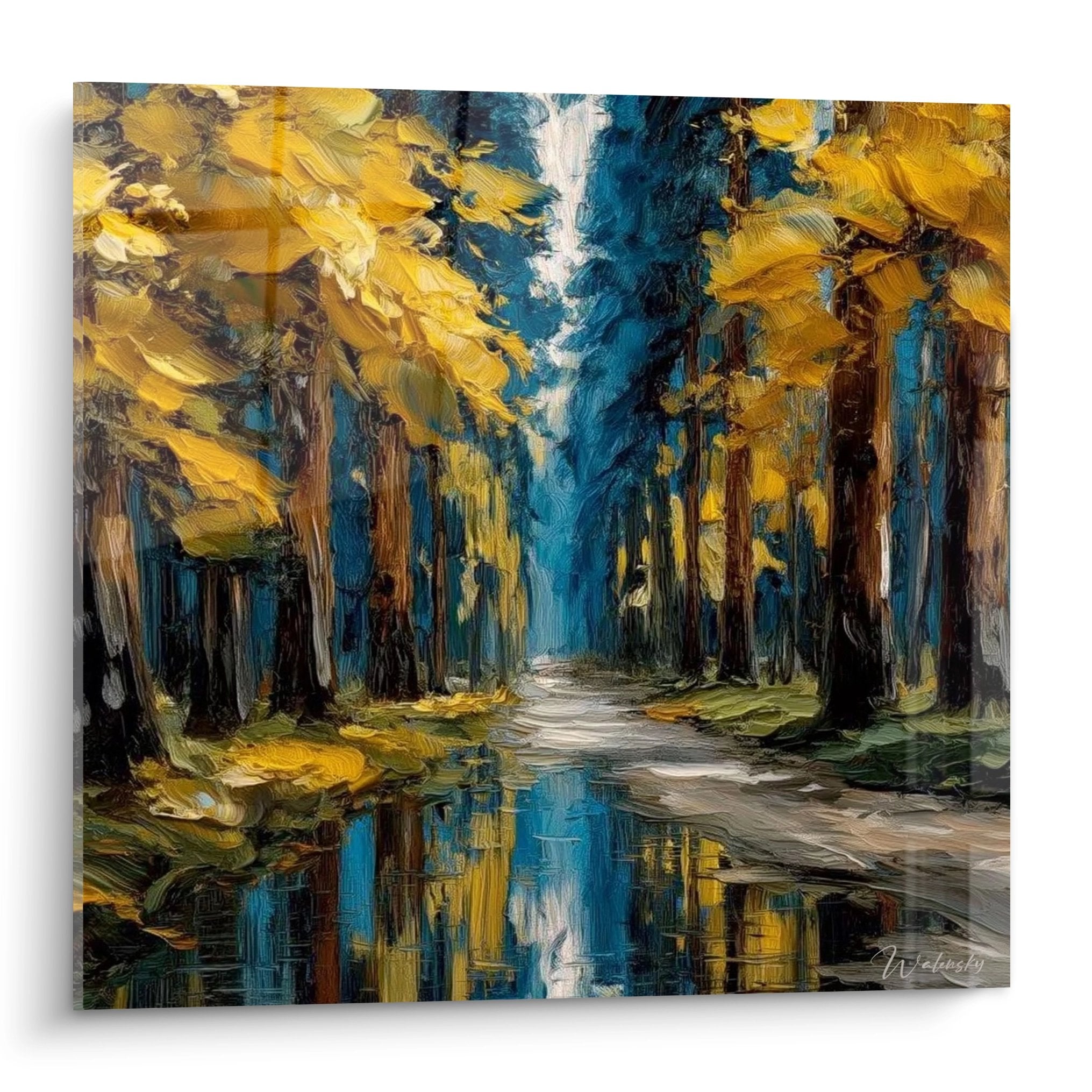 Tableau forestier chemin avec reflets dorés et feuillage automnal, peinture nature décorative