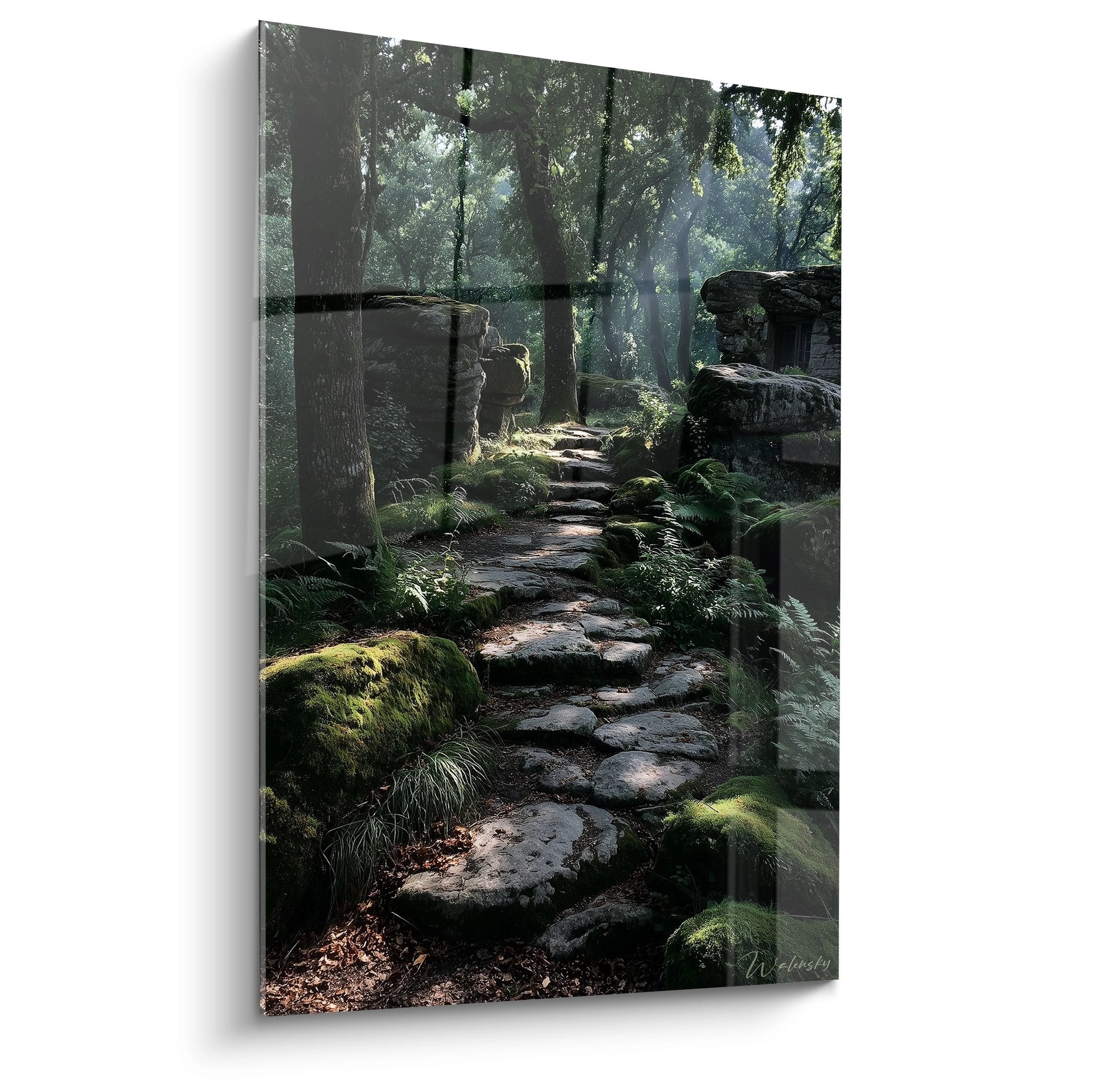 Tableau mural chemin de pierre dans forêt mystique avec fougères et arbres anciens