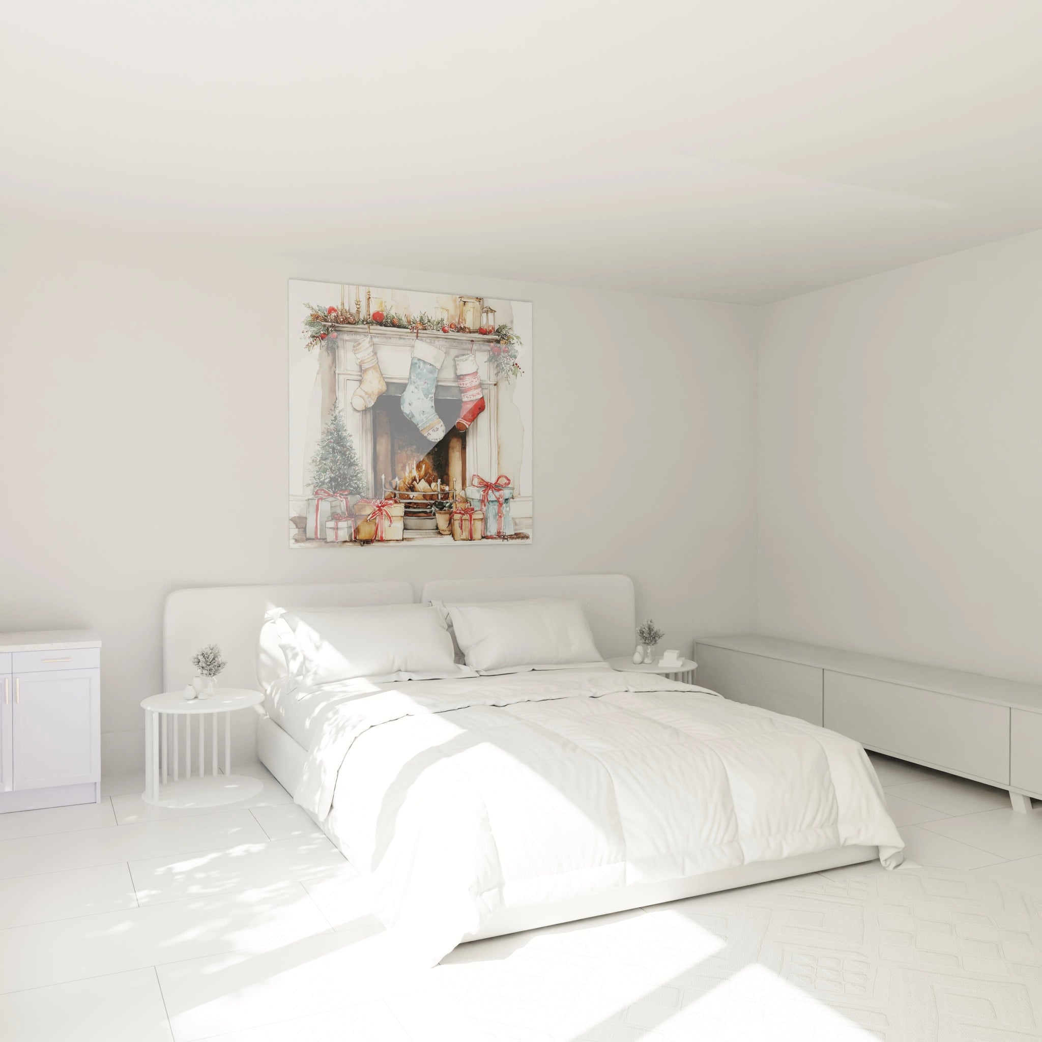 Tableau cheminée Noël haut de gamme décorant une chambre lumineuse avec un style moderne