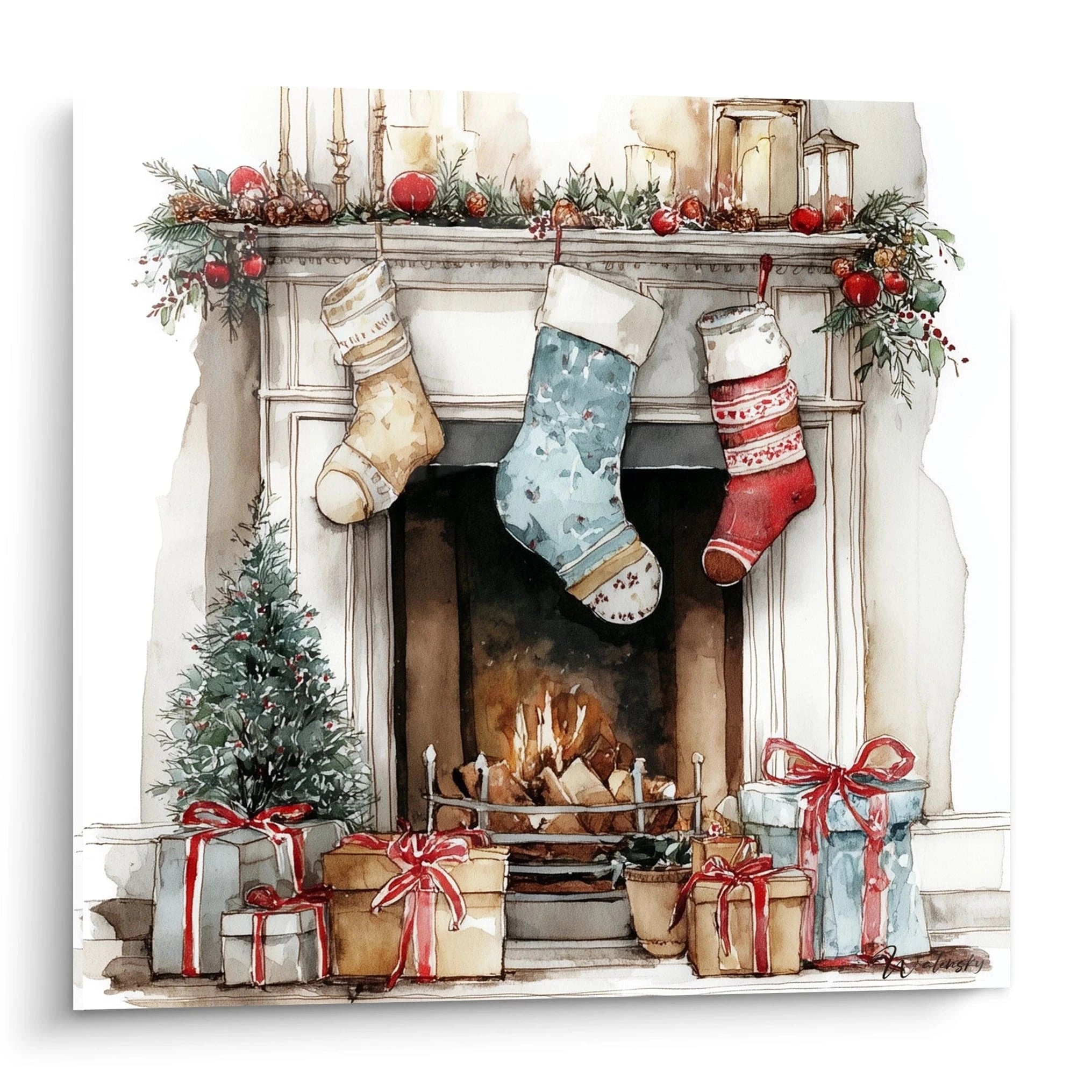 Tableau cheminée Noël haut de gamme avec des chaussettes suspendues et des cadeaux décoratifs