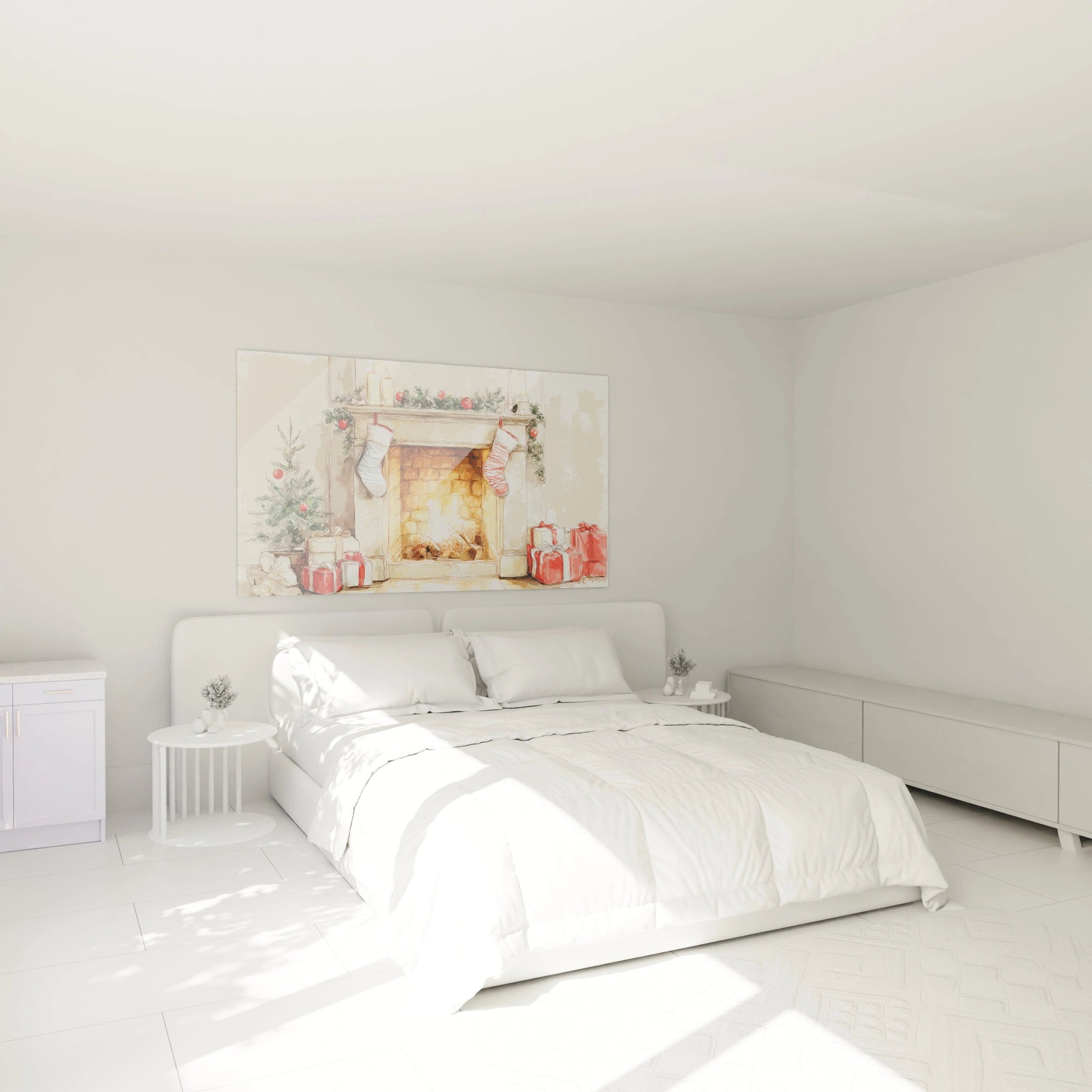 Tableau cheminée Noël avec une cheminée décorée et des cadeaux dans une chambre lumineuse