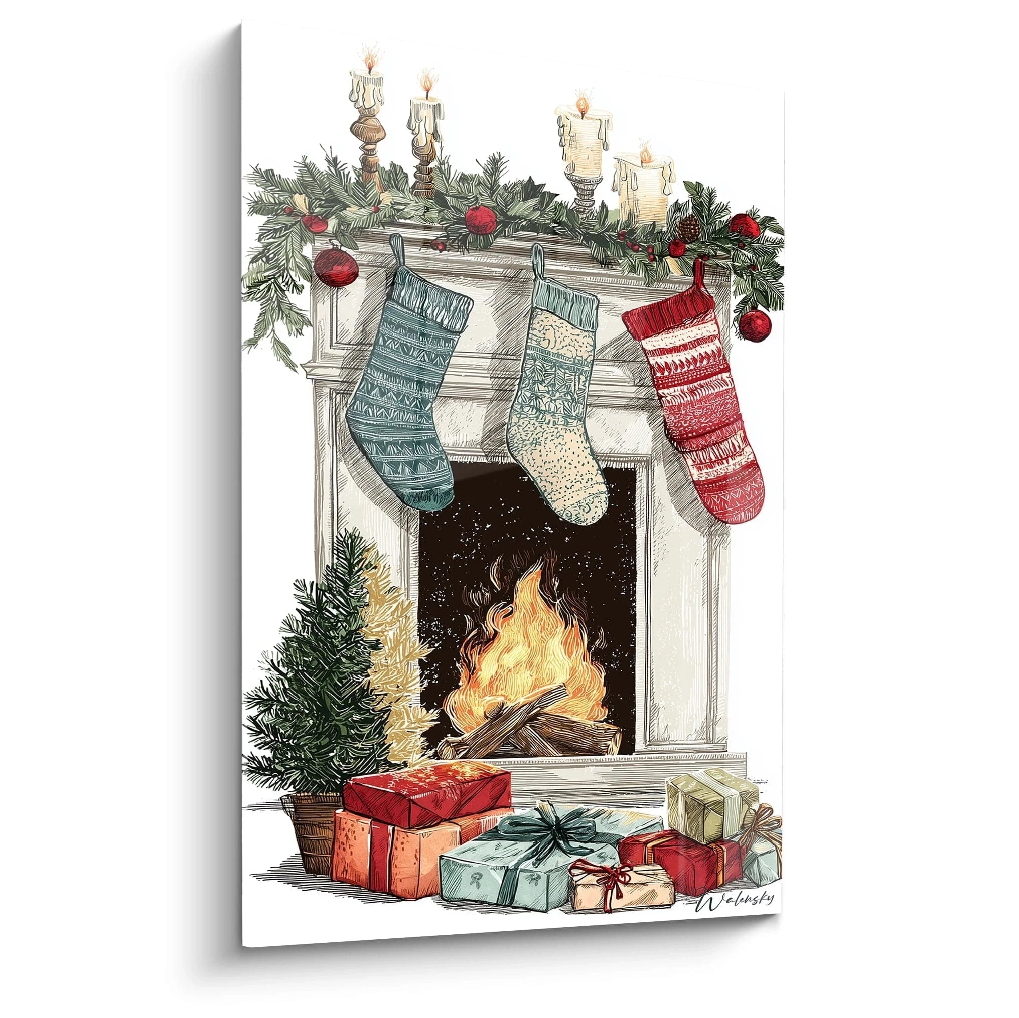 Tableau cheminée feu de Noël avec chaussettes suspendues et décorations festives