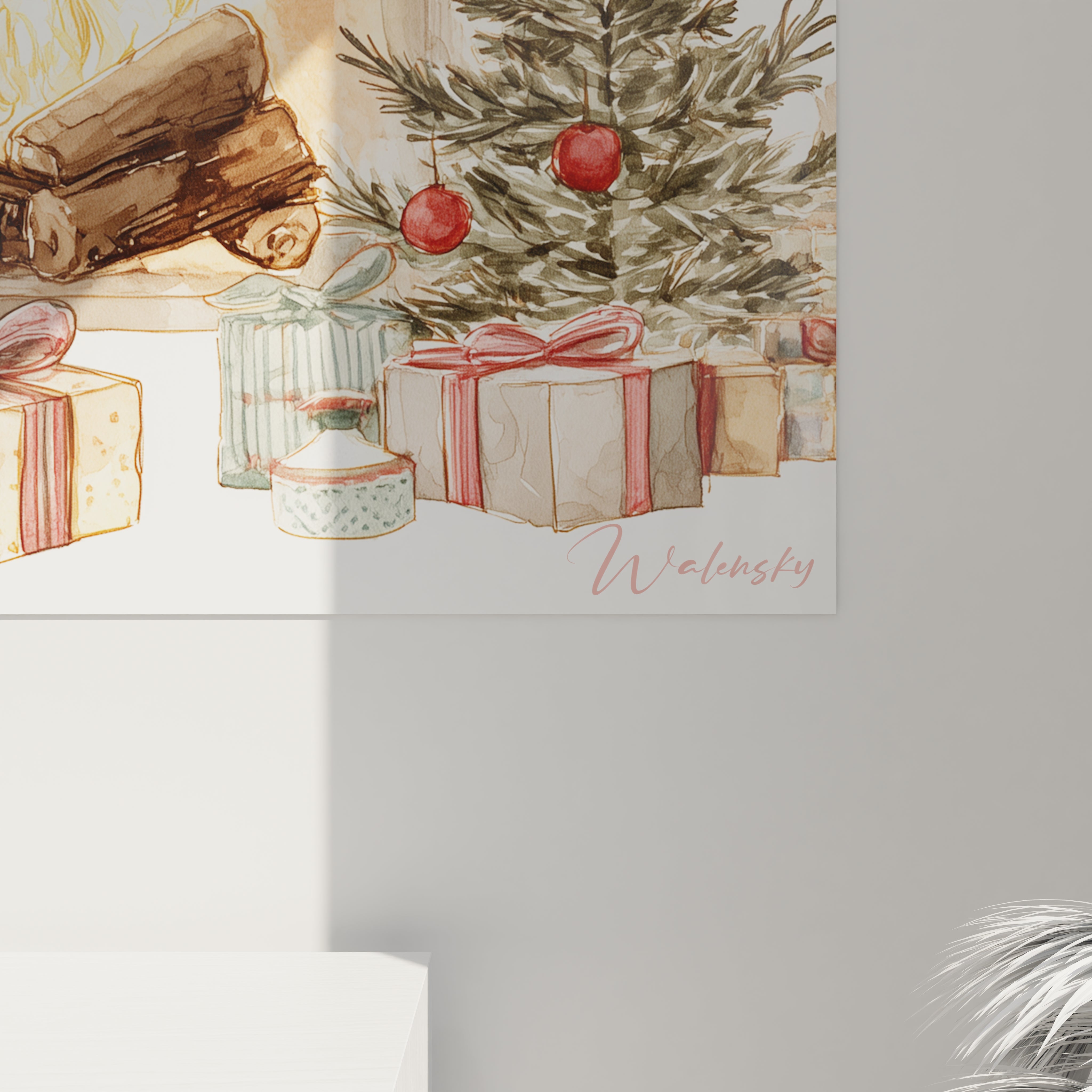 Tableau cheminée Noël avec feu de bois, sapin et cadeaux festifs pour une ambiance chaleureuse