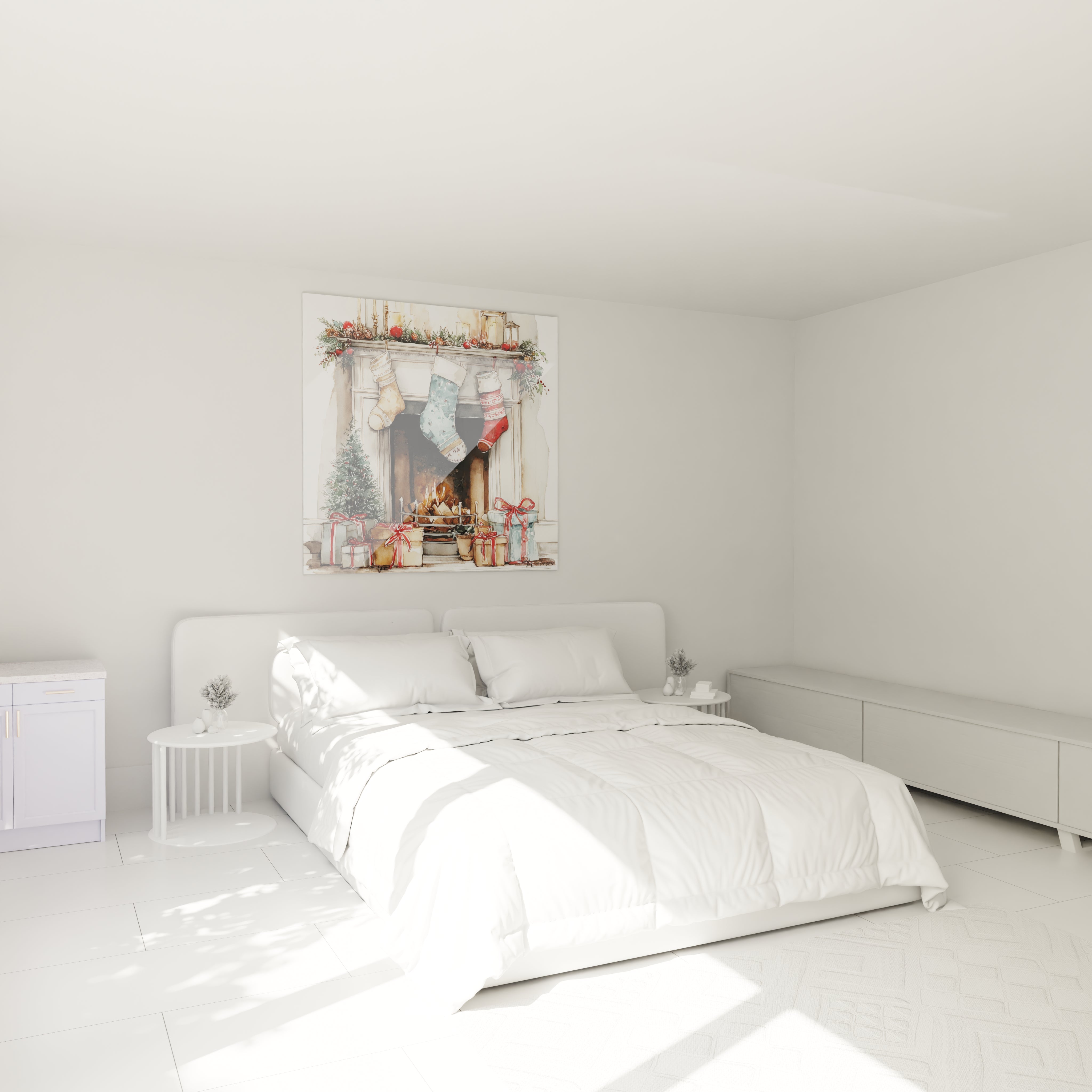 Tableau cheminée Noël haut de gamme décorant une chambre lumineuse avec un style moderne