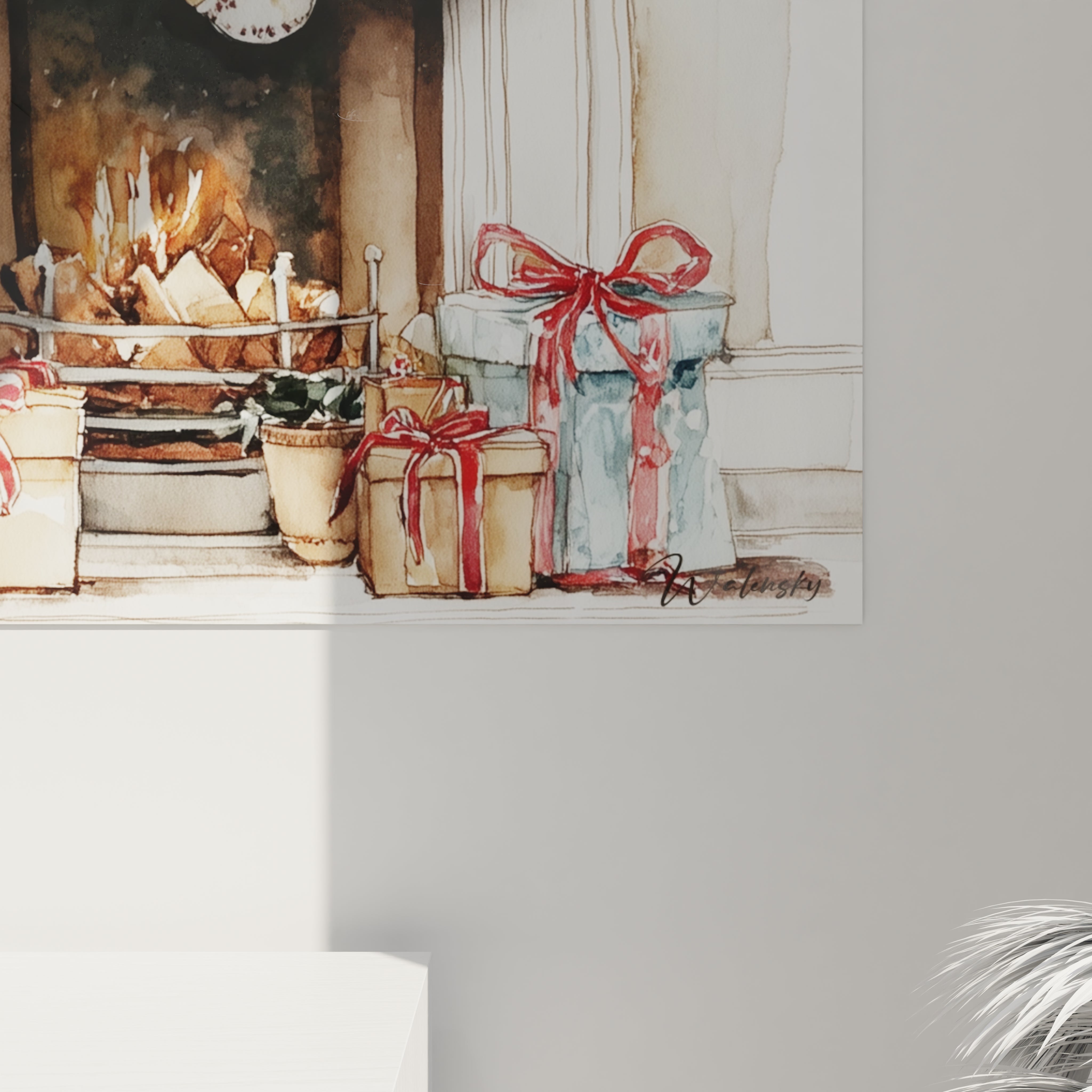 Tableau cheminée Noël haut de gamme avec feu de bois et cadeaux colorés sous un horloge festive