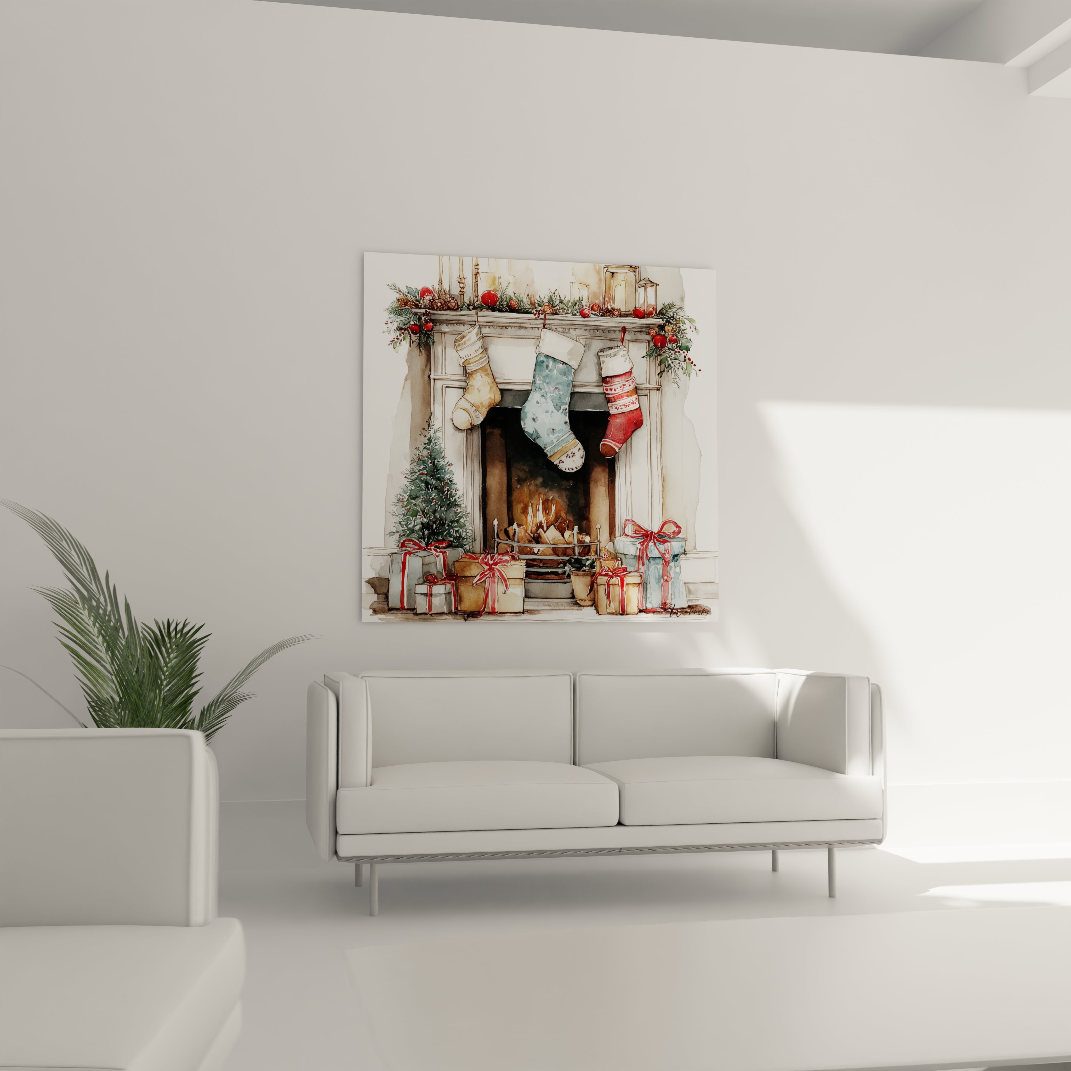 Tableau cheminée Noël haut de gamme avec des chaussettes et des décorations festives
