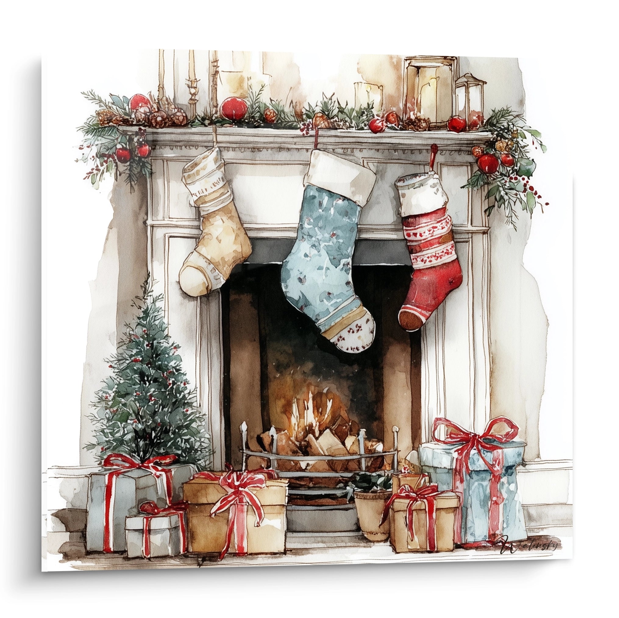 Tableau cheminée Noël haut de gamme avec des chaussettes suspendues et des cadeaux décoratifs