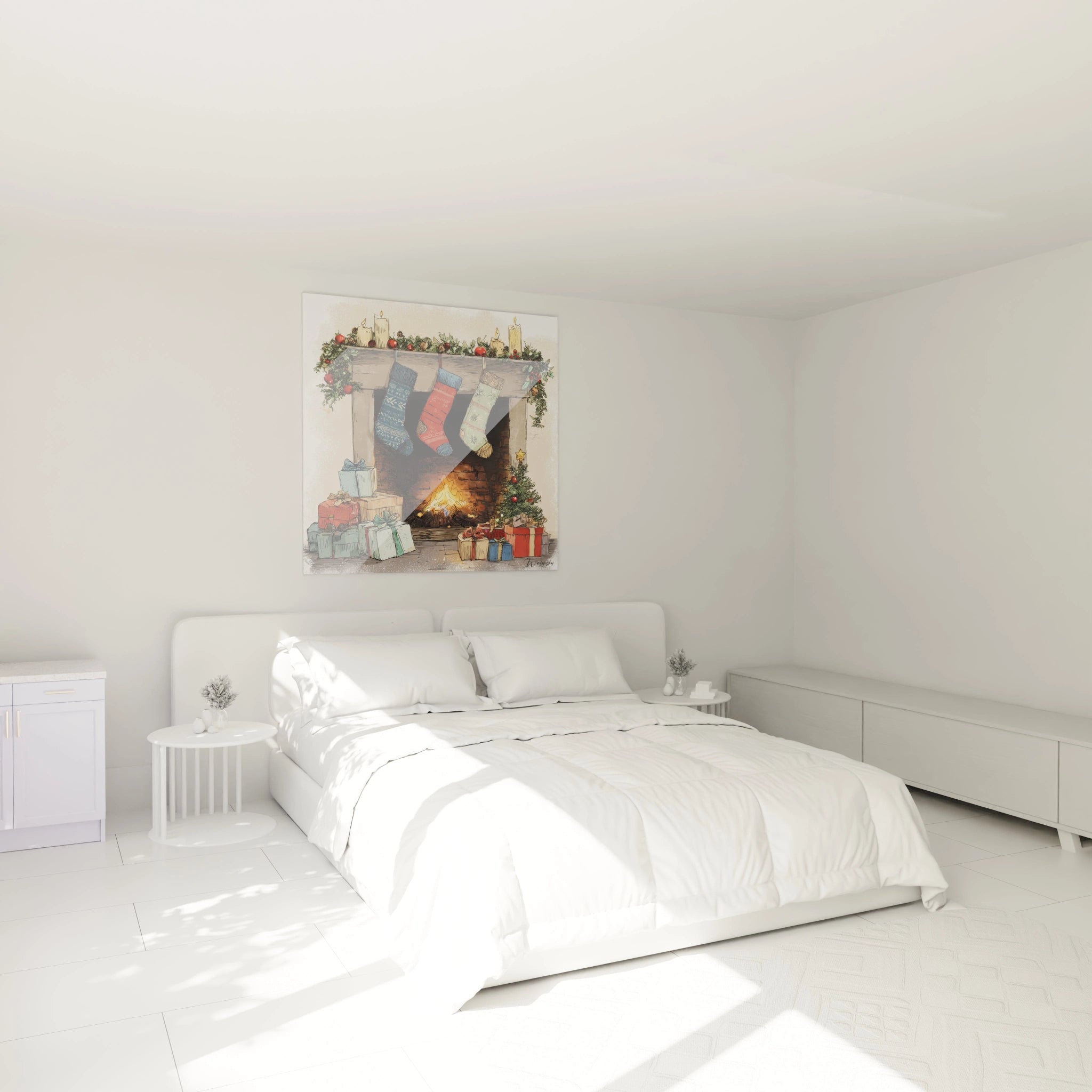 Tableau cheminée Noël de Walensky avec un décor festif sur un mur dans une chambre moderne