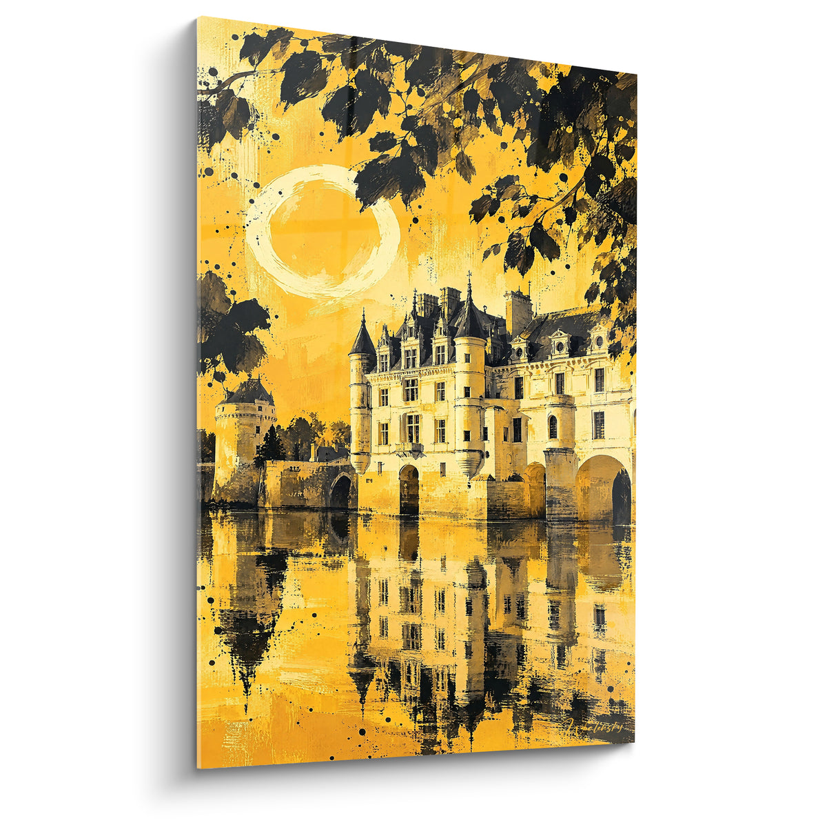 Tableau château de Chenonceau doré et noir, reflet brillant sur la rivière au crépuscule
