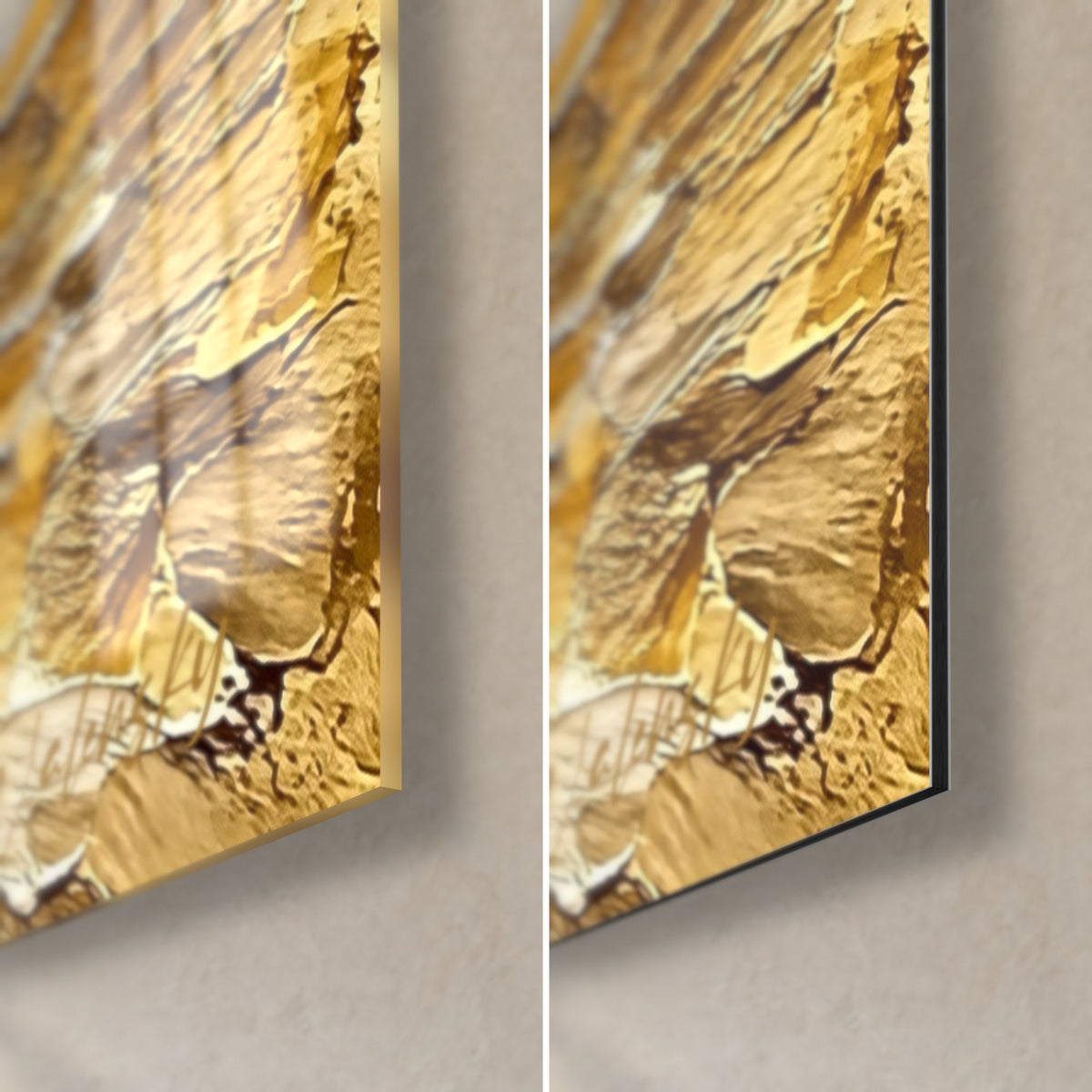 Tableau demeure dorée sur l'eau : coin bas droit, reflets ambre et blanc, verre brillant à gauche, Dibond mat, tranche 3 mm