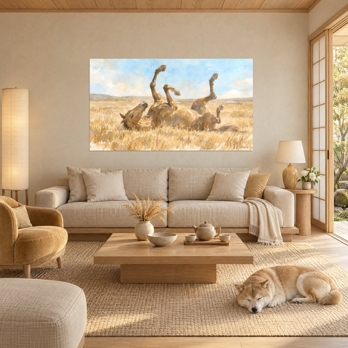 Tableau cheval alezan sur le dos, sabots en l'air dans l'herbe dorée et ciel bleu, Shiba couché, au-dessus d'un canapé dans un salon lumineux