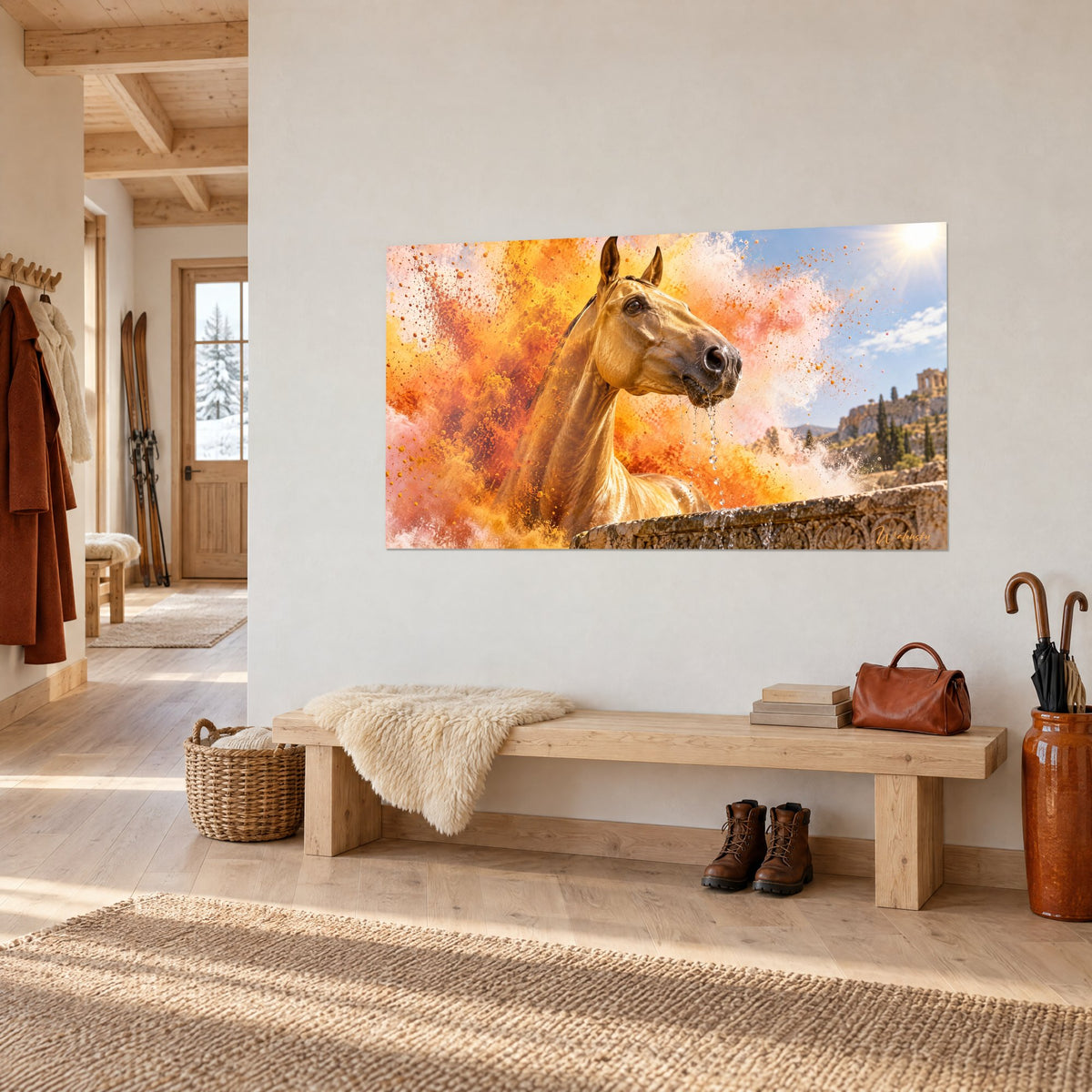 Tableau robe dorée du cheval, naseaux perlés d'eau, brume safran et ciel bleu, accroché au-dessus d'un banc de chalet