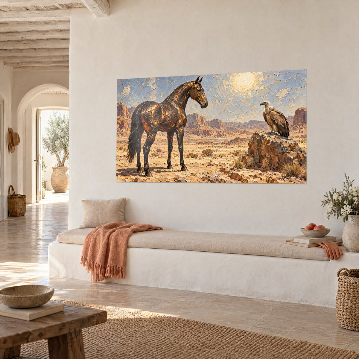 Quadro Akhal-Teke dal manto bronzo e nero, avvoltoio color crema appollaiato, cielo azzurro pallido e sole giallo, panca in pietra bianca