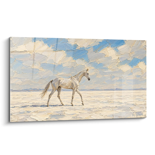 Quadro Cavallo bianco su deserto di sale ocra - Passo silenzioso - Edizione Cavallo Akhal-Teke