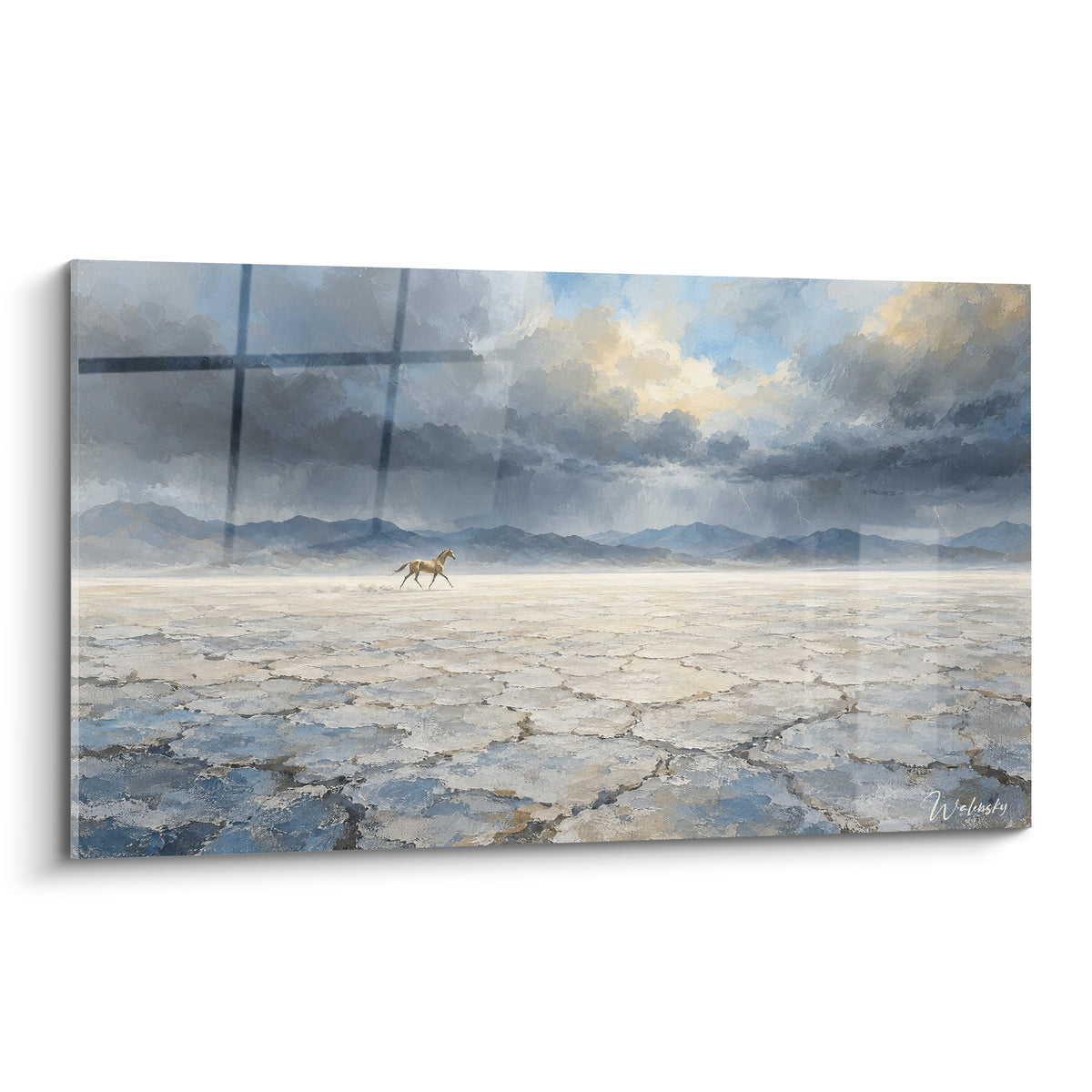 Tableau Cheval Akhal-Teke doré traversant un désert de sel sous ciel anthracite orageux