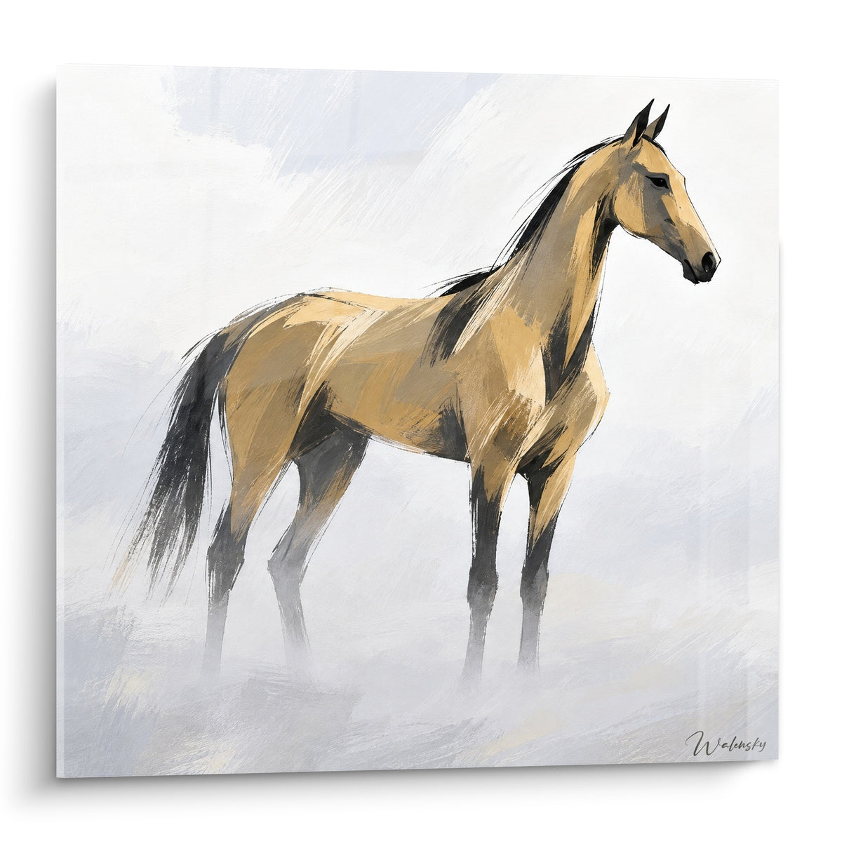 Tableau Cheval Akhal-Teke doré debout de profil sur fond gris brumeux et blanc cassé
