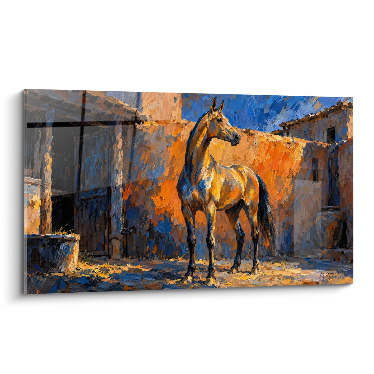 Tableau Cheval Akhal-Teke doré dressé dans une cour aux murs bleu et orangé brûlé