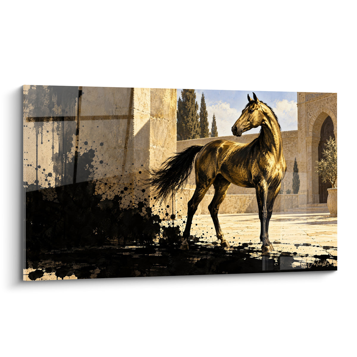 Tableau Cheval Akhal-Teke à la robe dorée dressé dans une cour en pierre ocre et bleu ciel