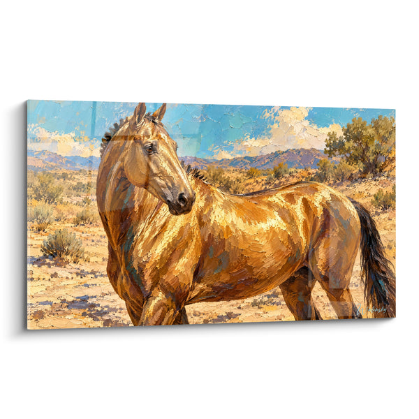 Tableau Cheval doré dans un désert bleu - Garde silencieuse du désert - Edition Cheval Akhal-Teke