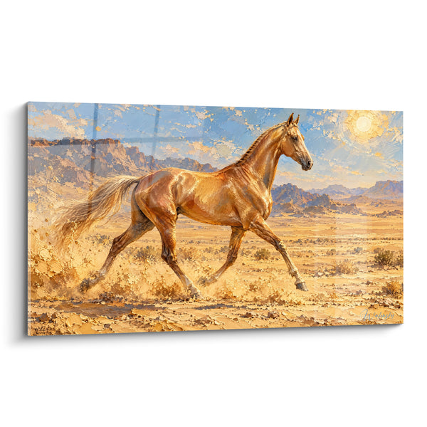 Tableau Cheval doré trottant dans le désert doré - Course dorée du matin - Edition Cheval Akhal-Teke